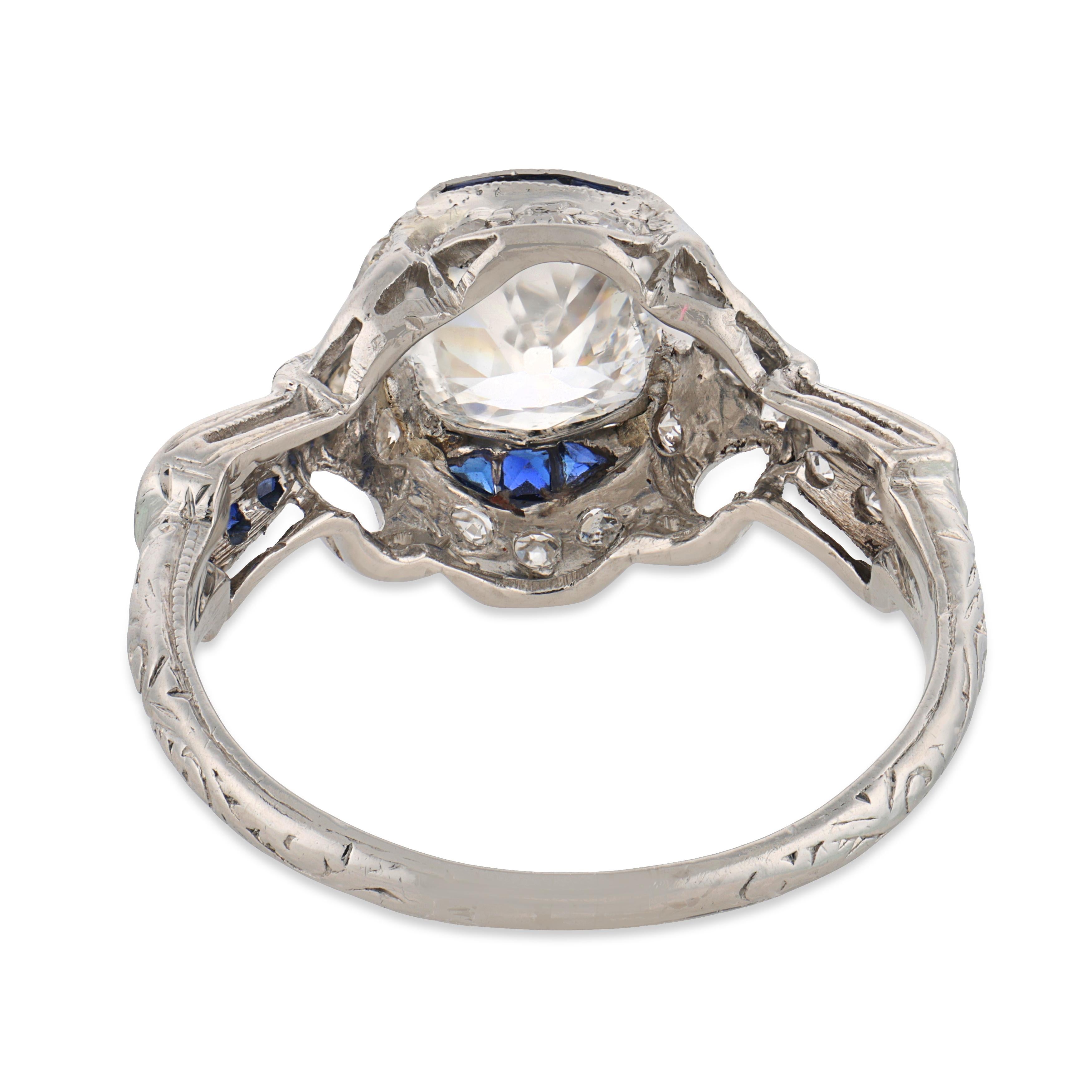 Art Deco GIA 1.18 carat diamond sapphire platinum ring