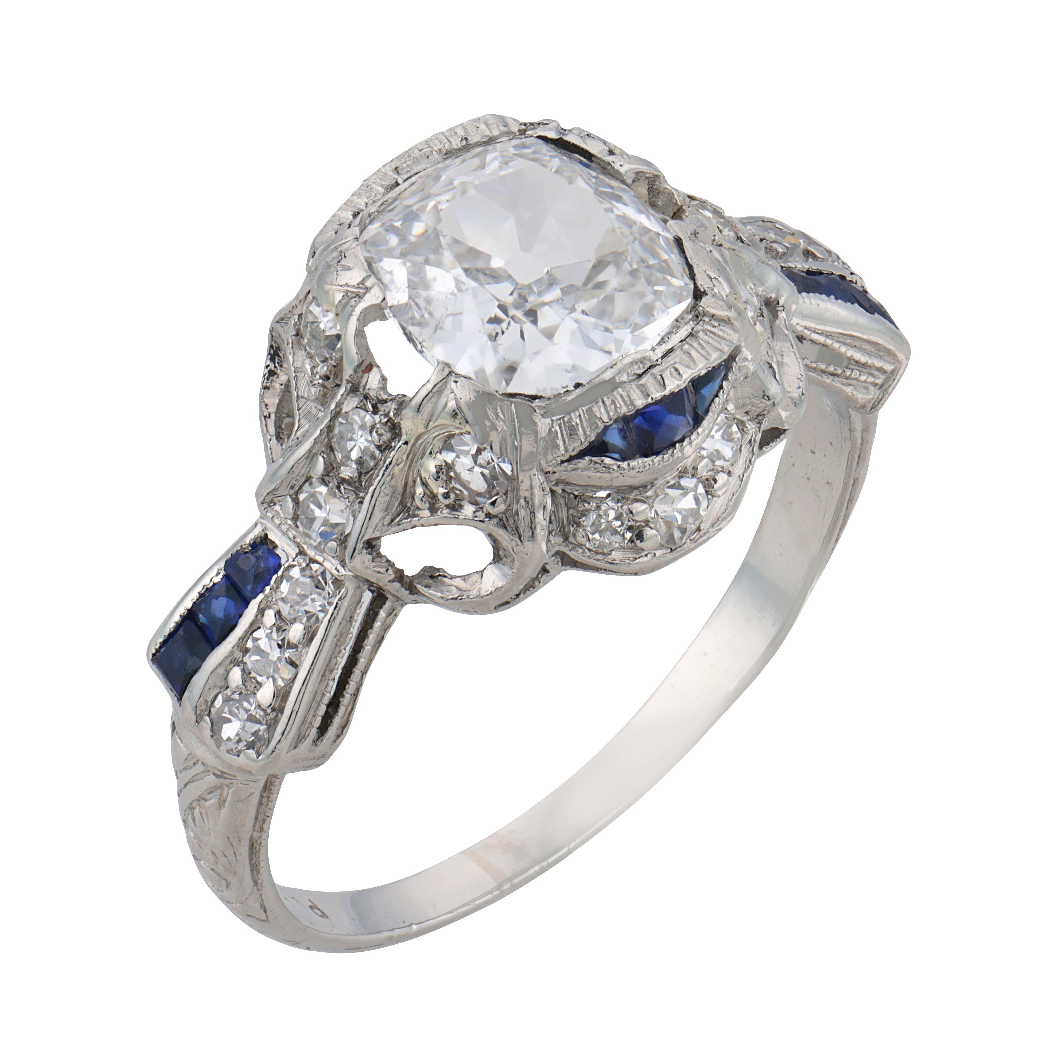 Art Deco GIA 1.18 carat diamond sapphire platinum ring