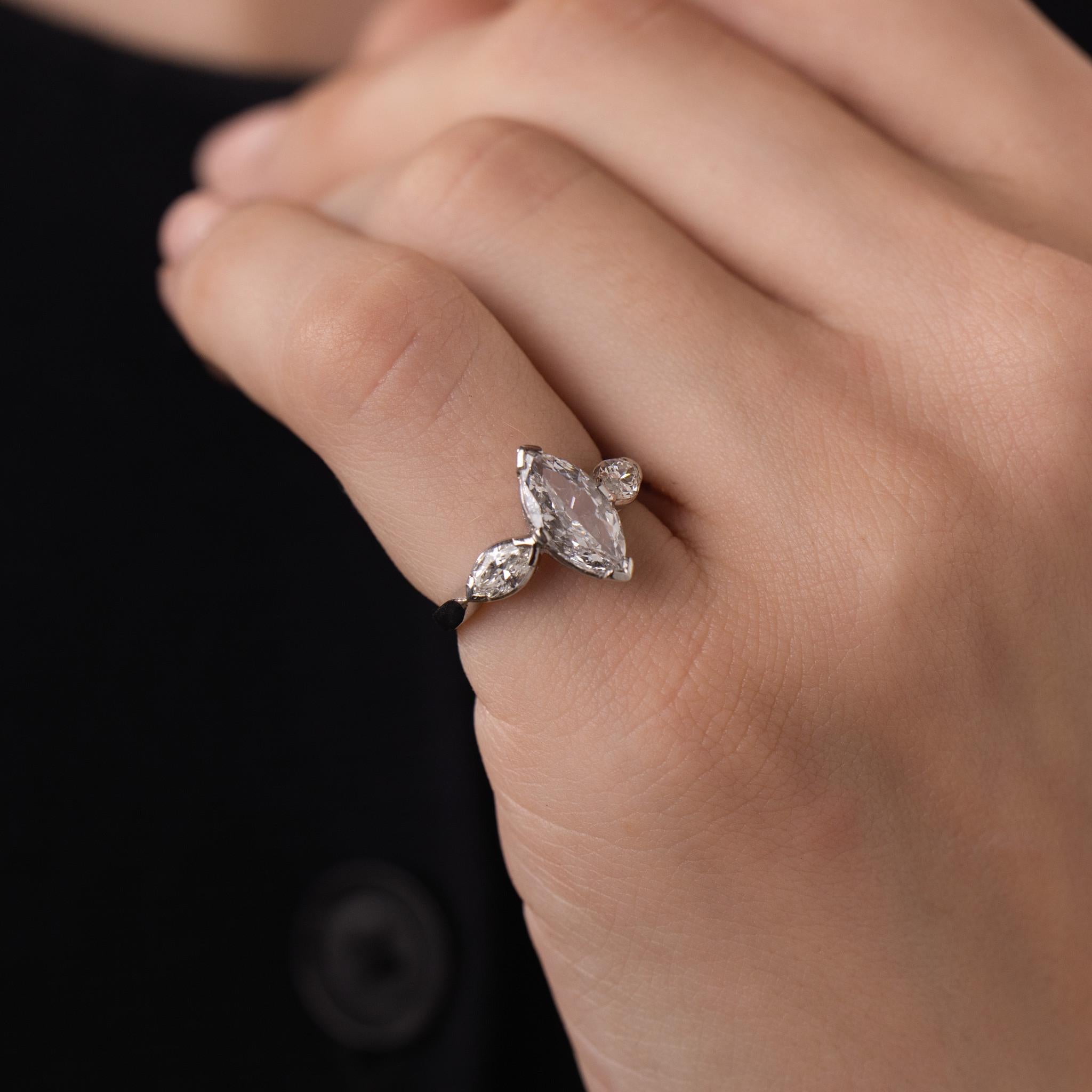 Mid Century GIA 1.15 carat marquise cut diamond platinum engagement ring