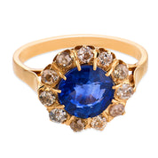 Victorian GIA 2.62 carat Ceylon sapphire diamond 18k yellow gold cluster ring