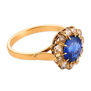 Victorian GIA 2.62 carat Ceylon sapphire diamond 18k yellow gold cluster ring