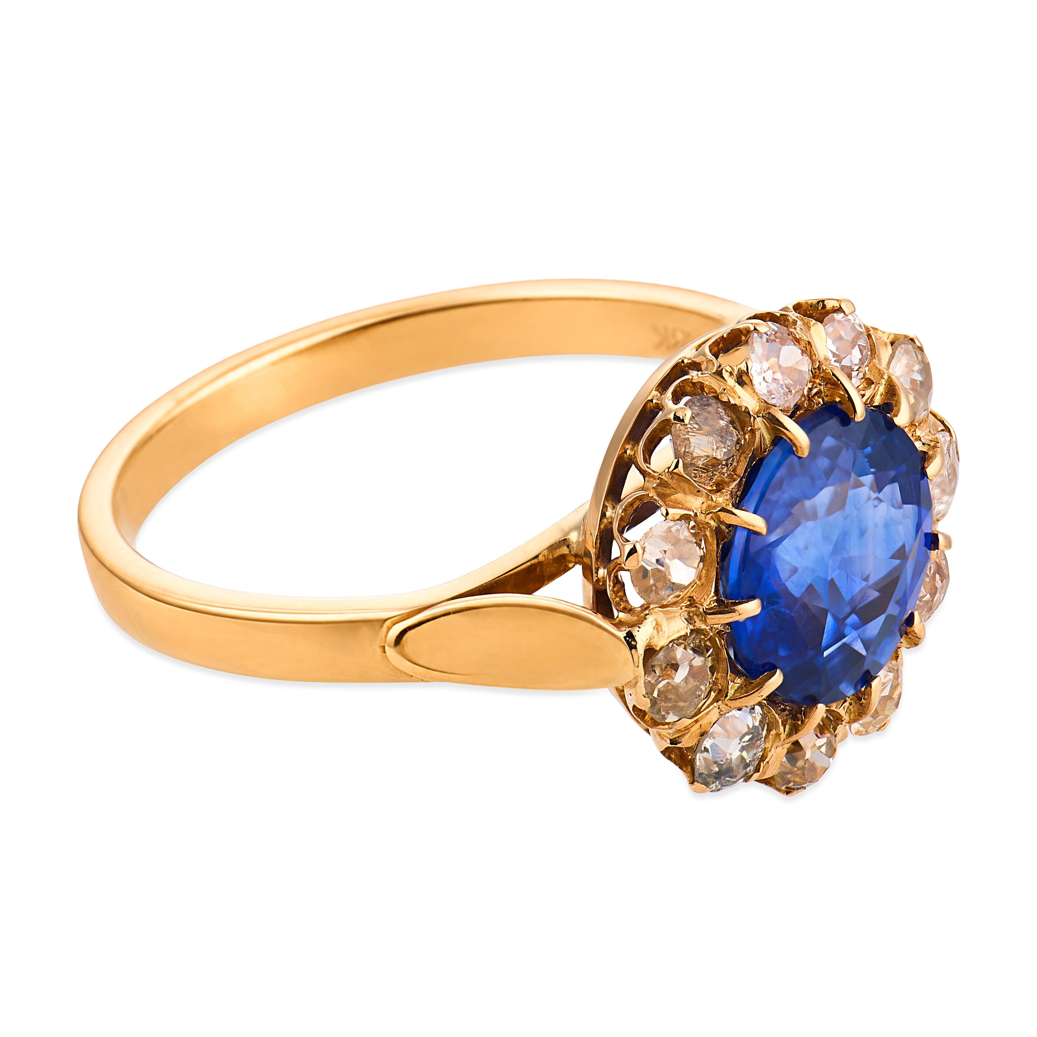 Victorian GIA 2.62 carat Ceylon sapphire diamond 18k yellow gold cluster ring