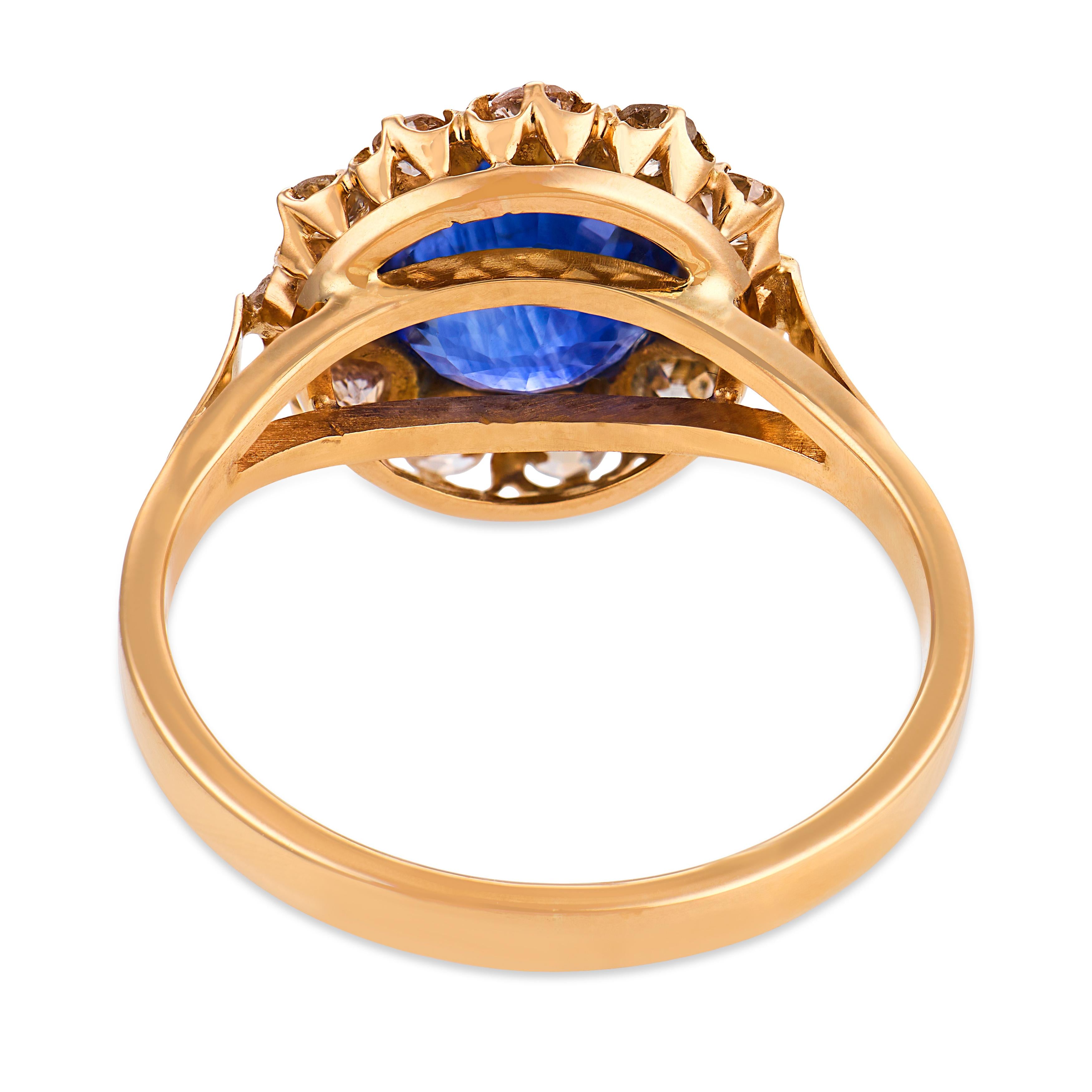 Victorian GIA 2.62 carat Ceylon sapphire diamond 18k yellow gold cluster ring