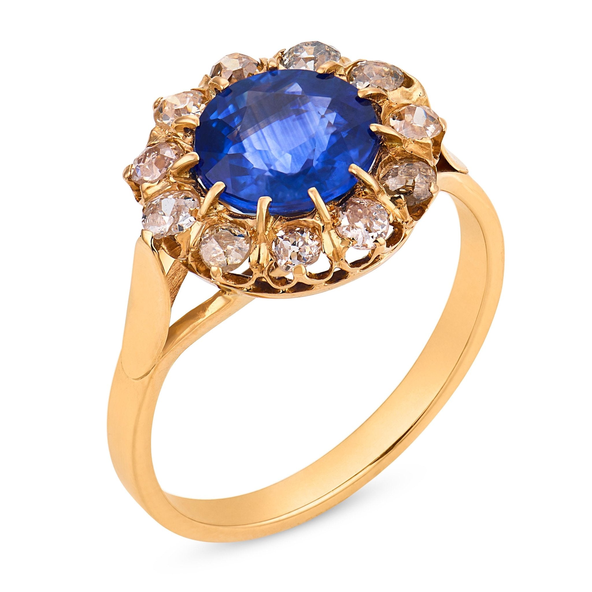 Victorian GIA 2.62 carat Ceylon sapphire diamond 18k yellow gold cluster ring