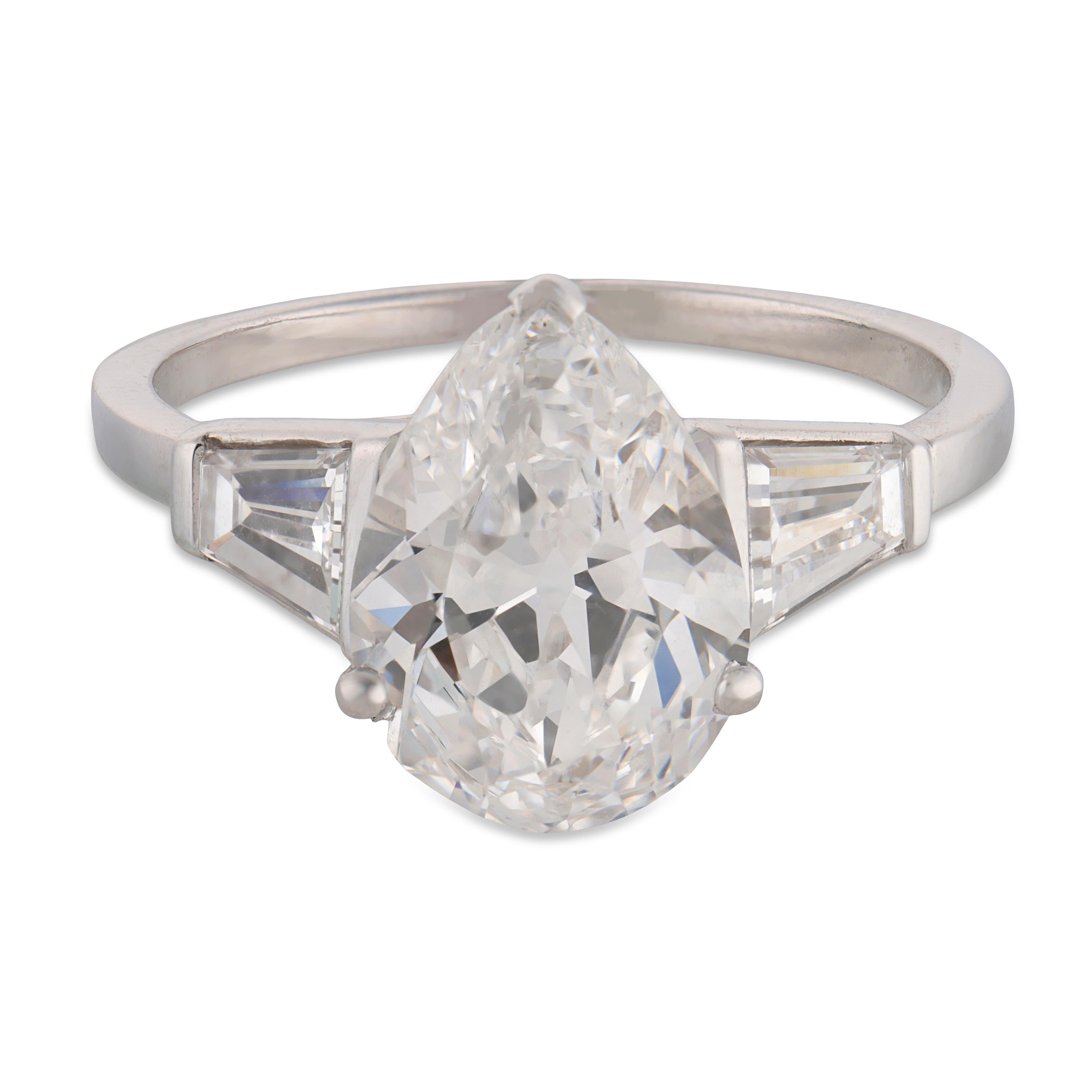 French GIA 2.55 carat antique pear shape diamond platinum engagement ring