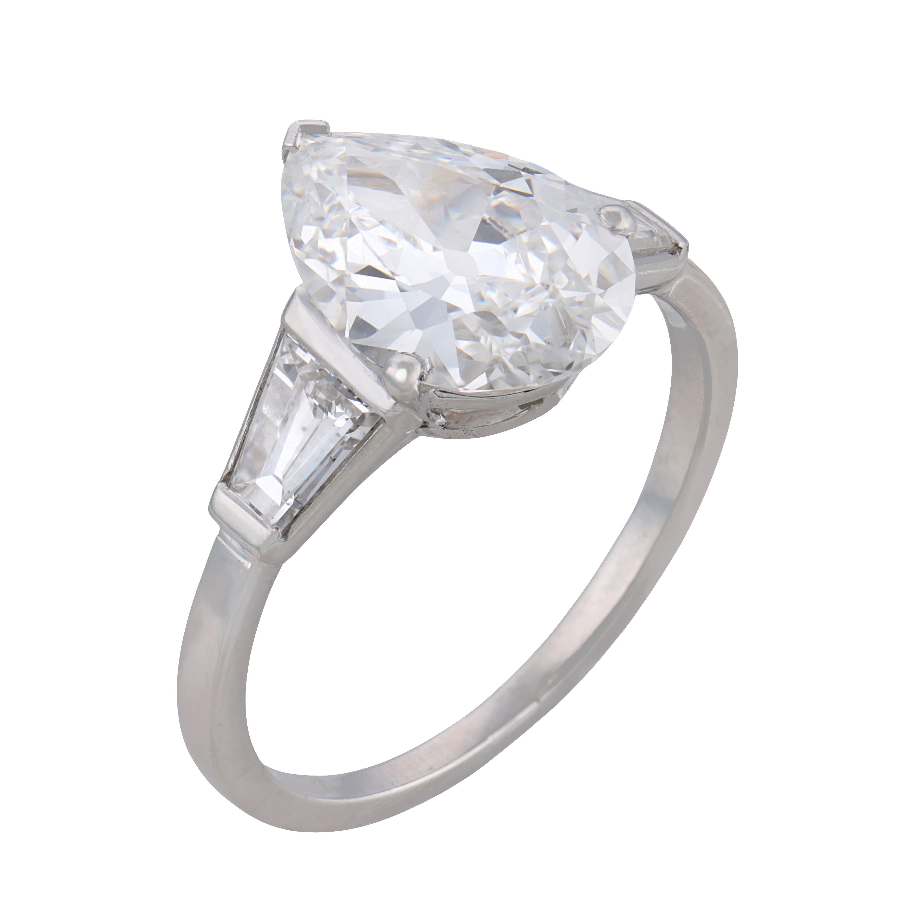 French GIA 2.55 carat antique pear shape diamond platinum engagement ring