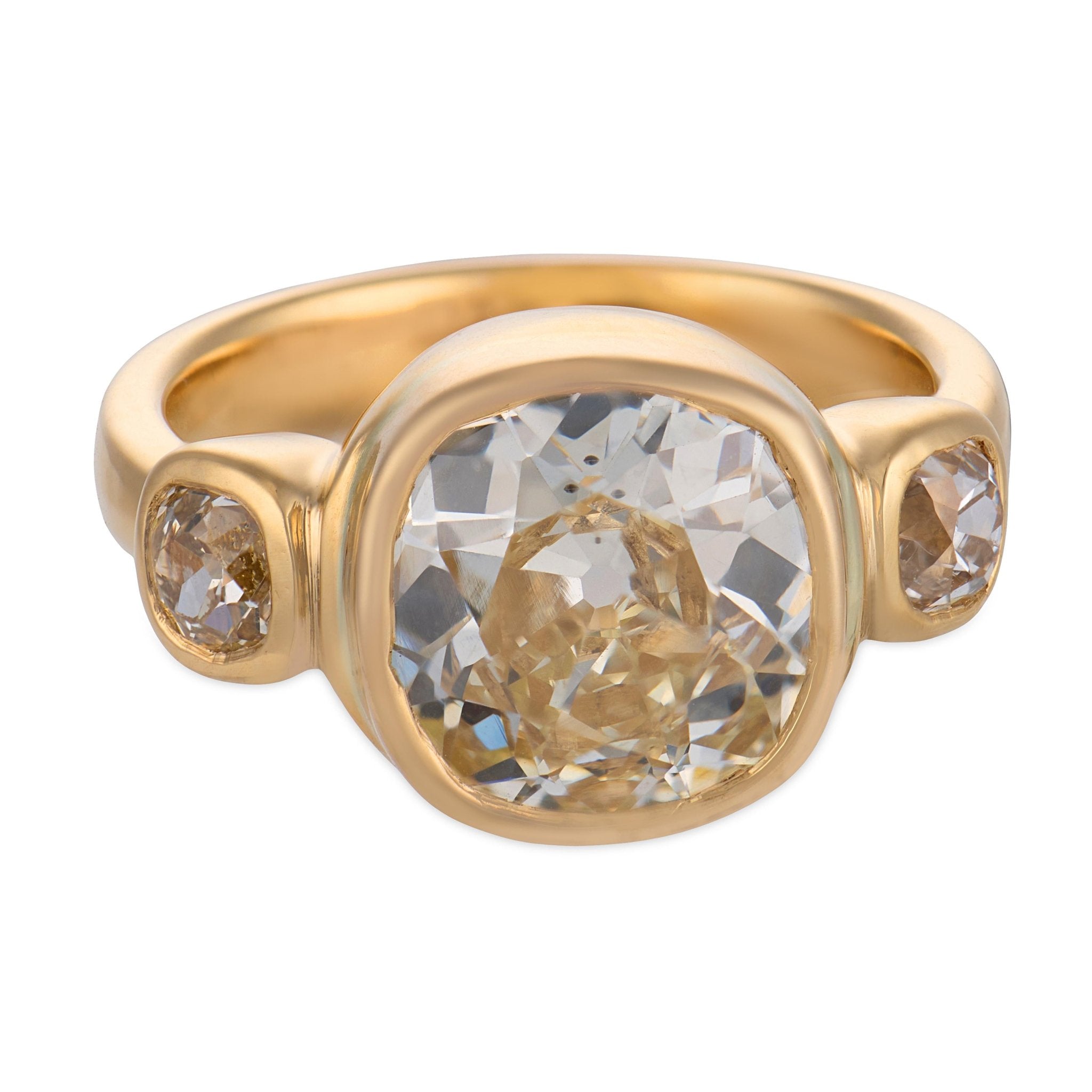 Vintage GIA 3.52 carat old mine cut diamond 18k yellow gold trilogy ring