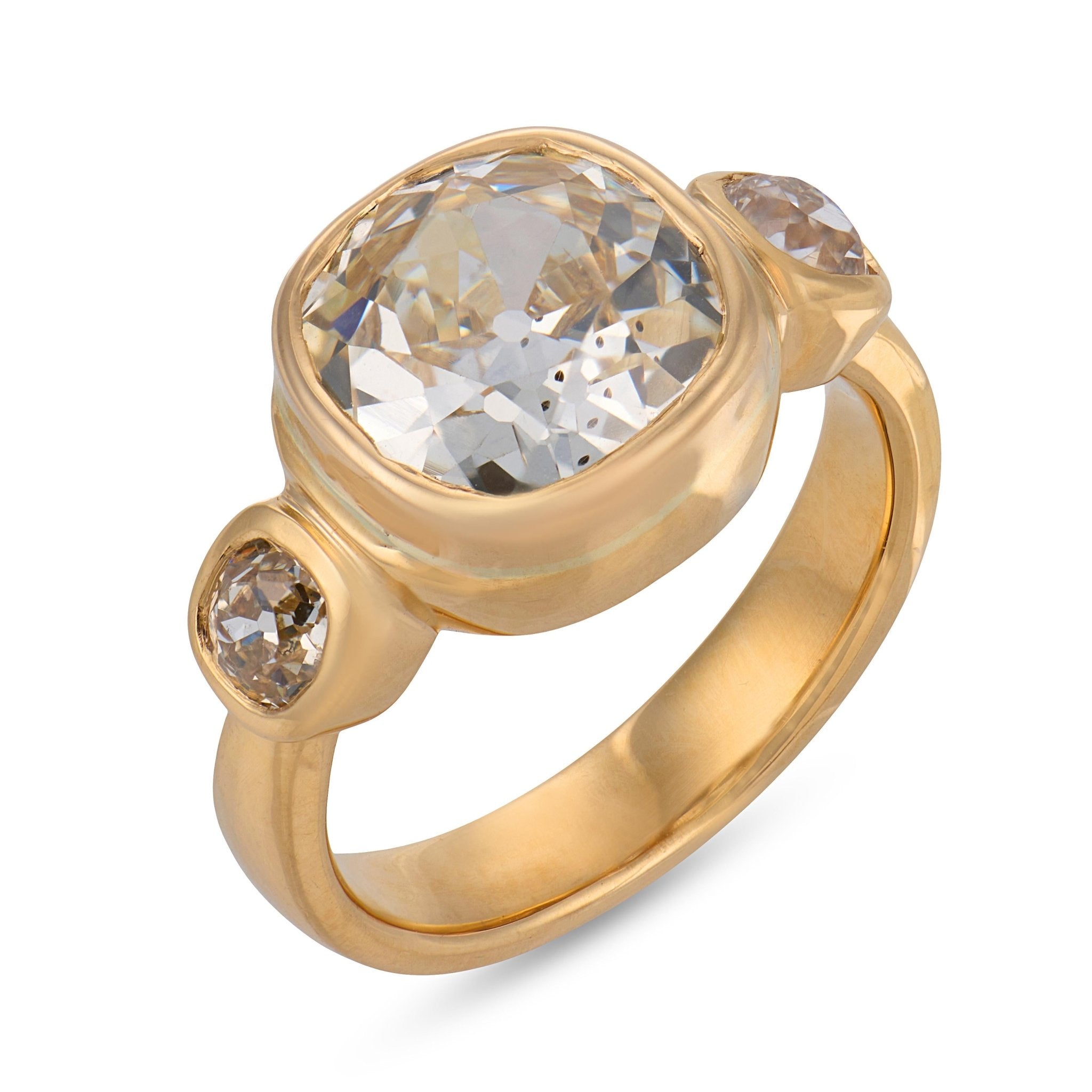 Vintage GIA 3.52 carat old mine cut diamond 18k yellow gold trilogy ring