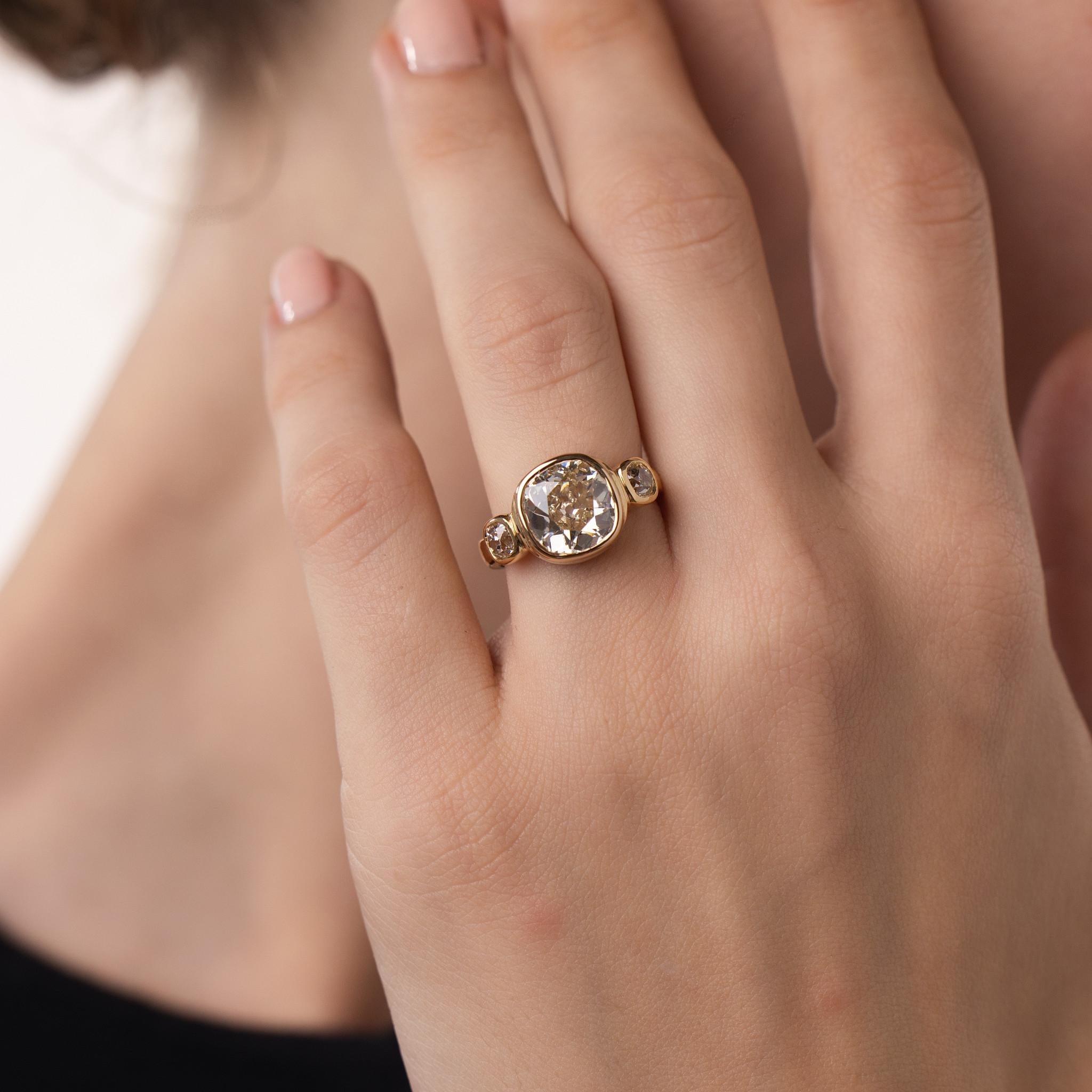 Vintage GIA 3.52 carat old mine cut diamond 18k yellow gold trilogy ring