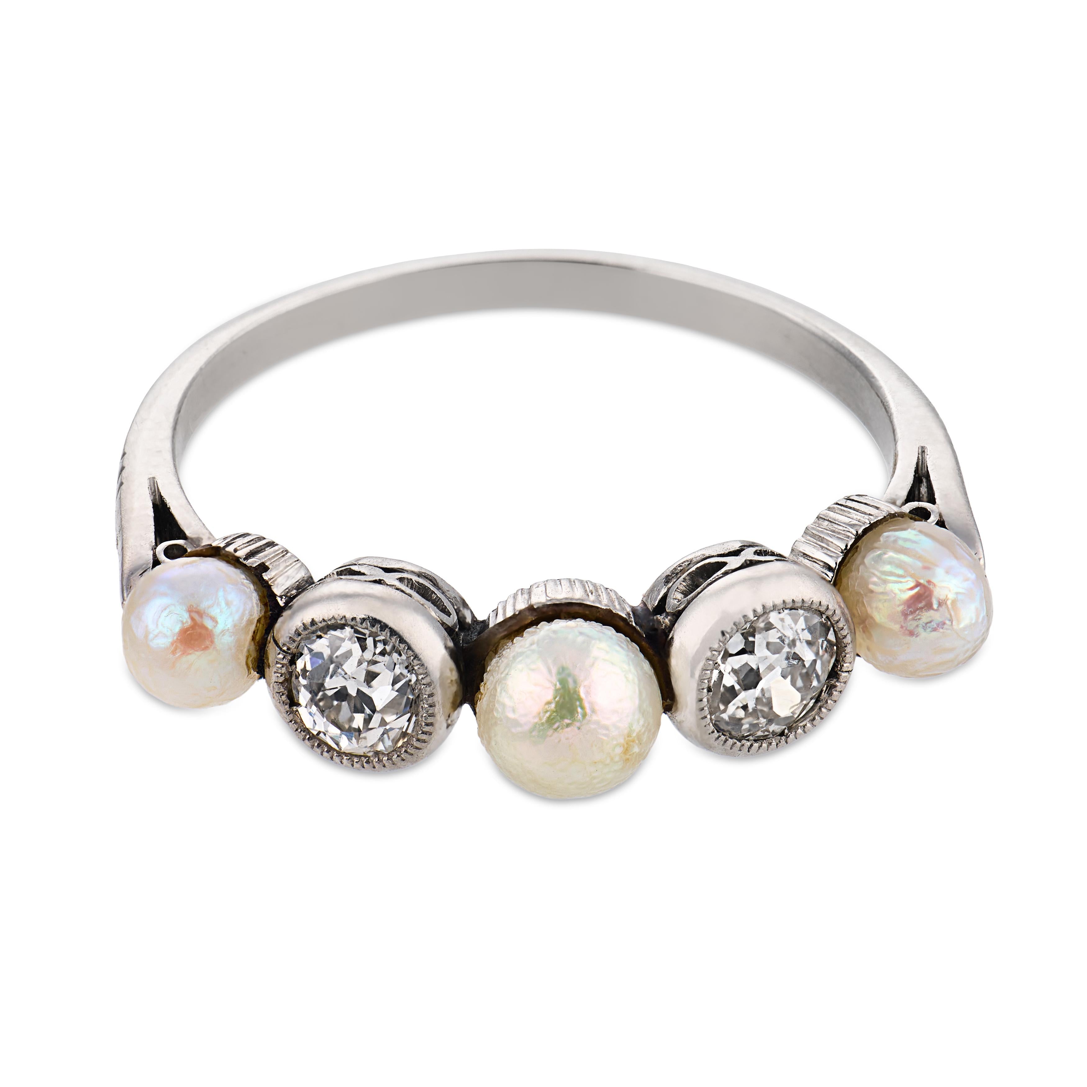Art Deco pearl diamond platinum band ring