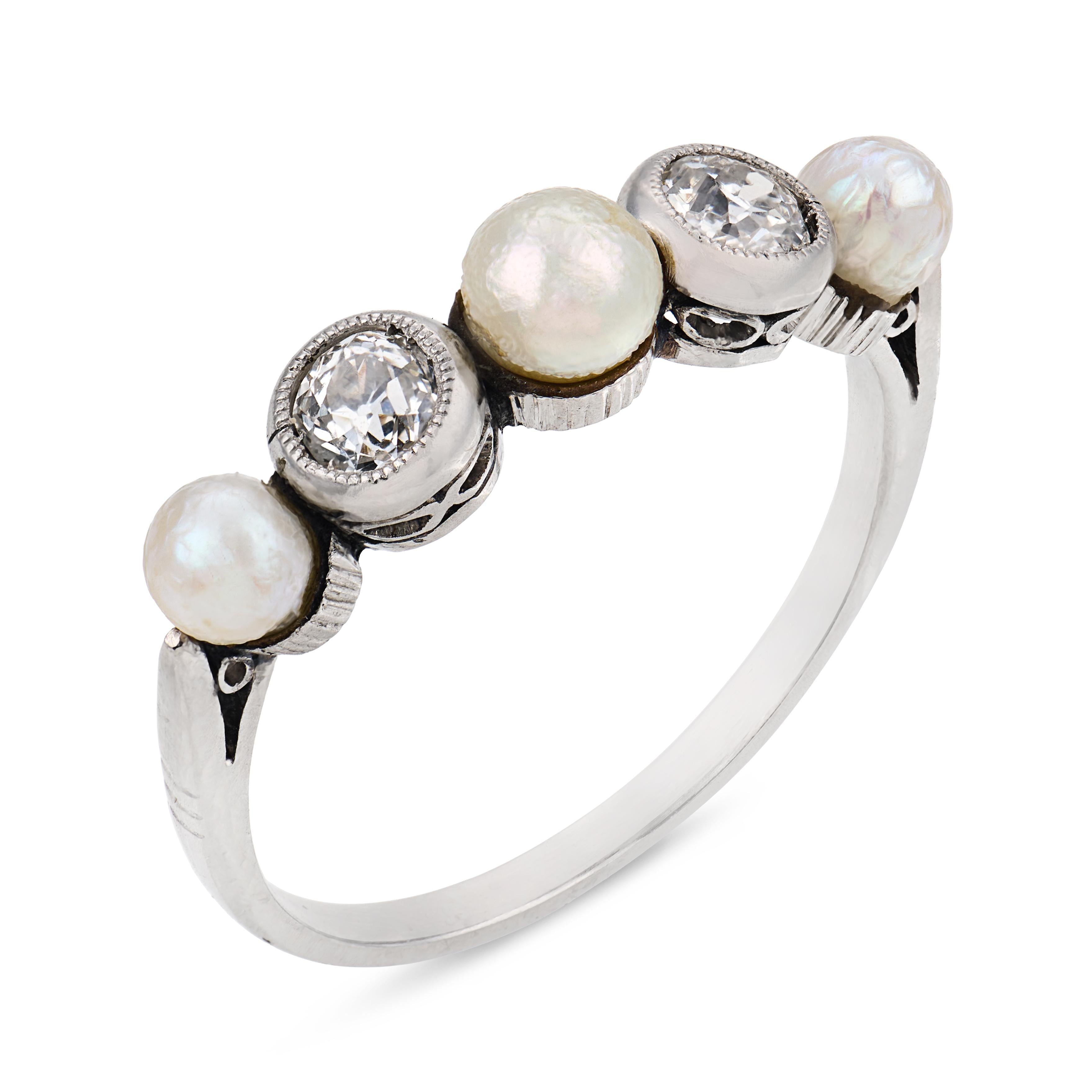 Art Deco pearl diamond platinum band ring