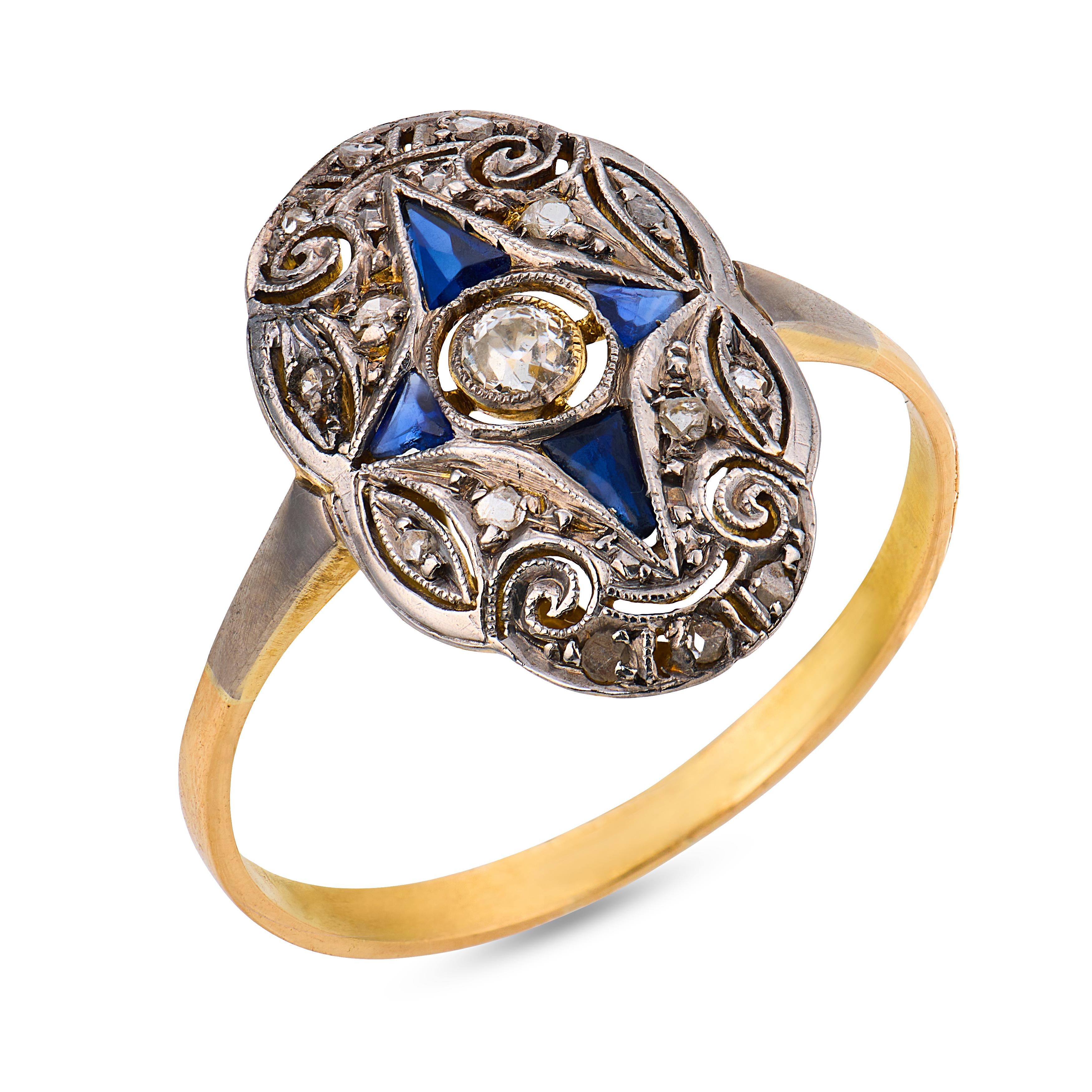Edwardian diamond synthetic sapphire 18k yellow gold platinum navette ring