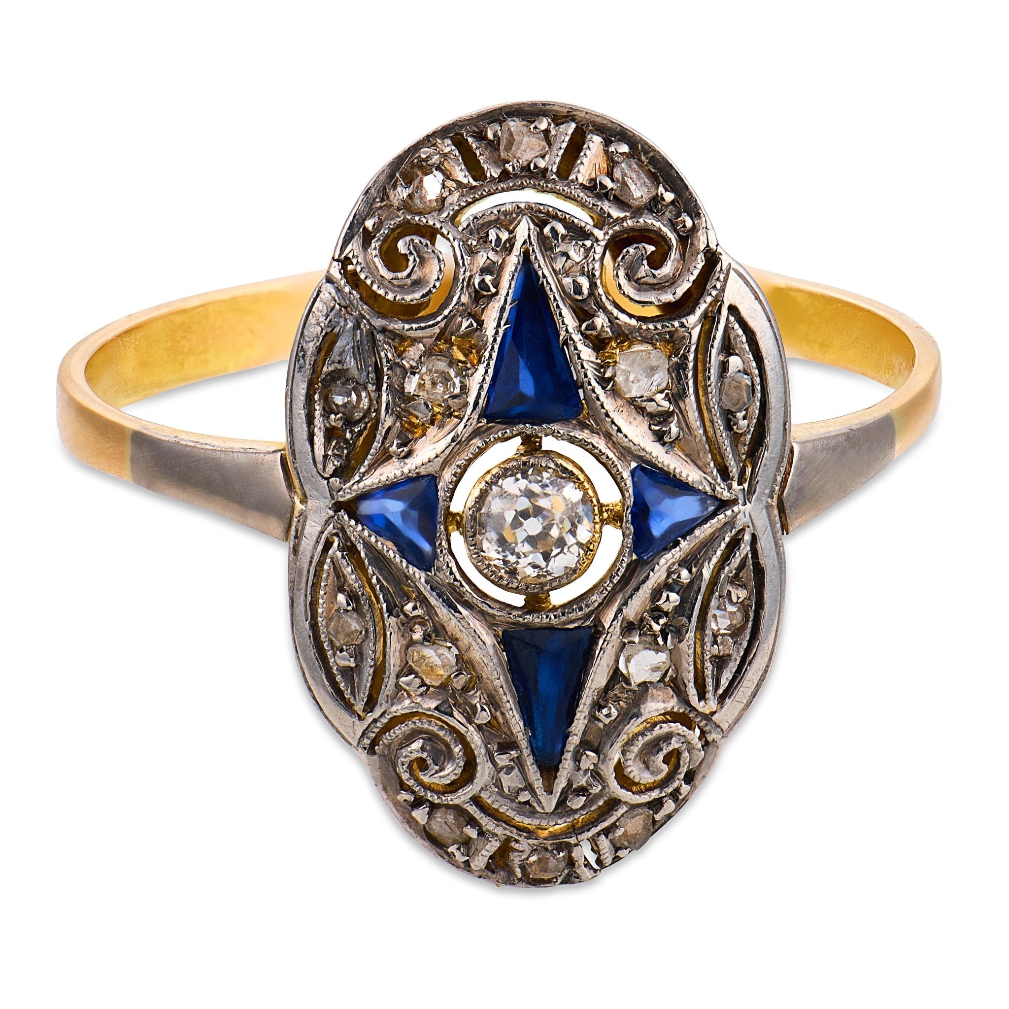 Edwardian diamond synthetic sapphire 18k yellow gold platinum navette ring