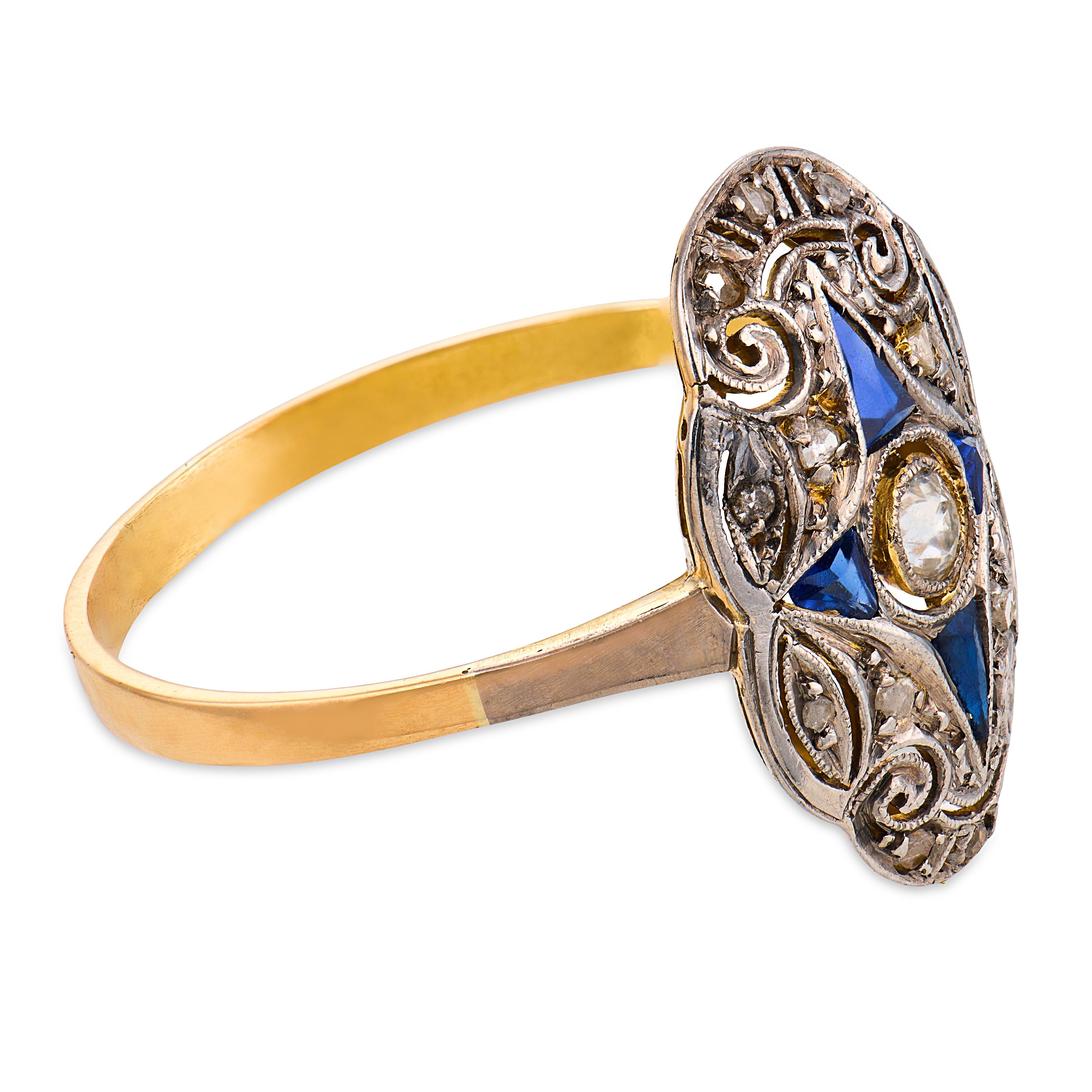 Edwardian diamond synthetic sapphire 18k yellow gold platinum navette ring