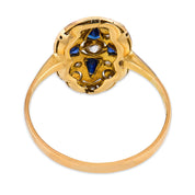 Edwardian diamond synthetic sapphire 18k yellow gold platinum navette ring