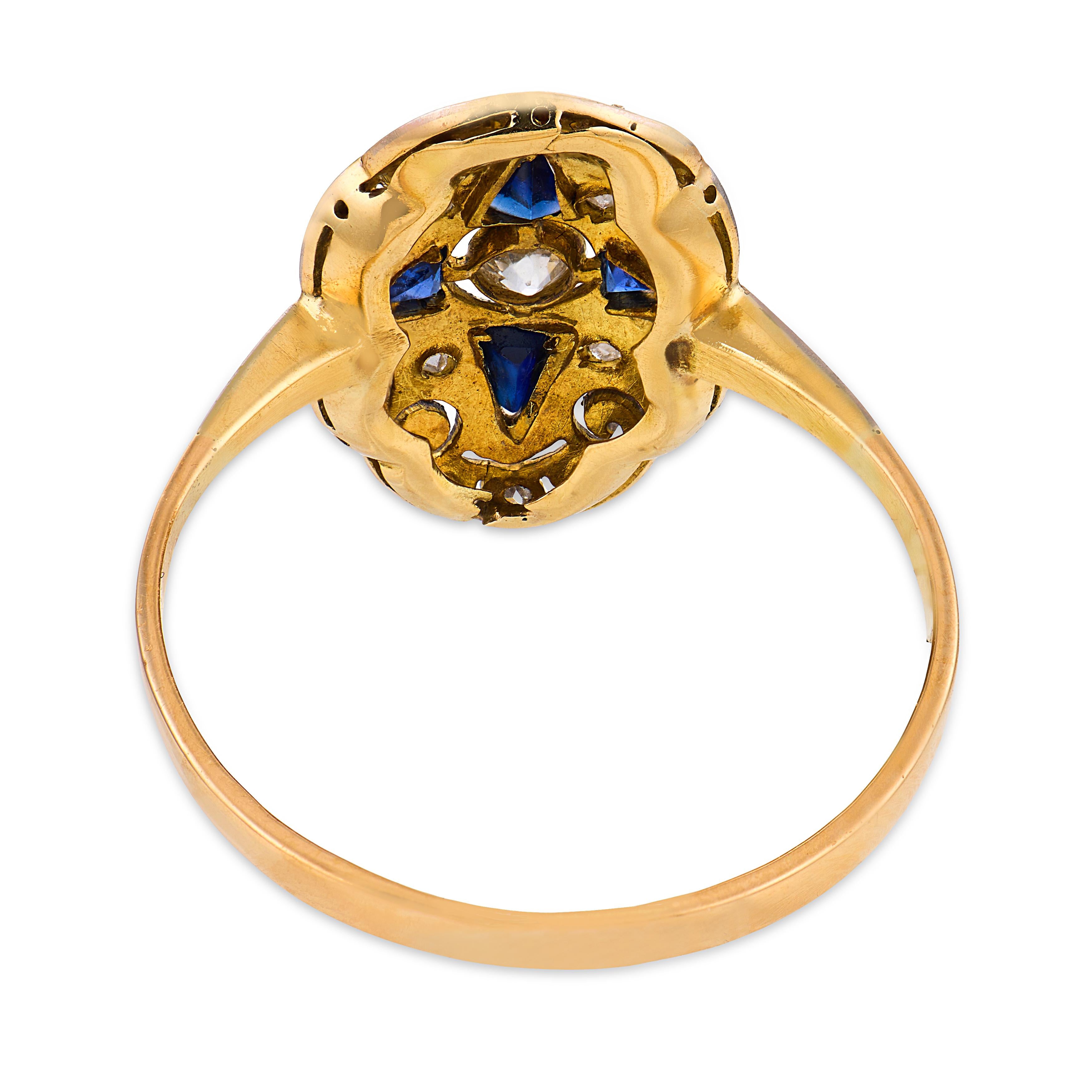 Edwardian diamond synthetic sapphire 18k yellow gold platinum navette ring