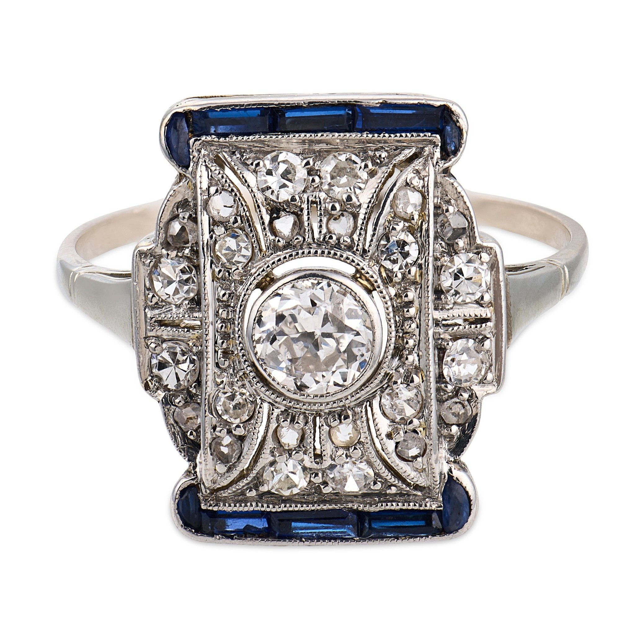 Art Deco diamond sapphire platinum ring