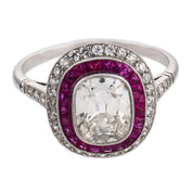 Art Deco style 1.24 carat diamond ruby platinum cluster engagement ring