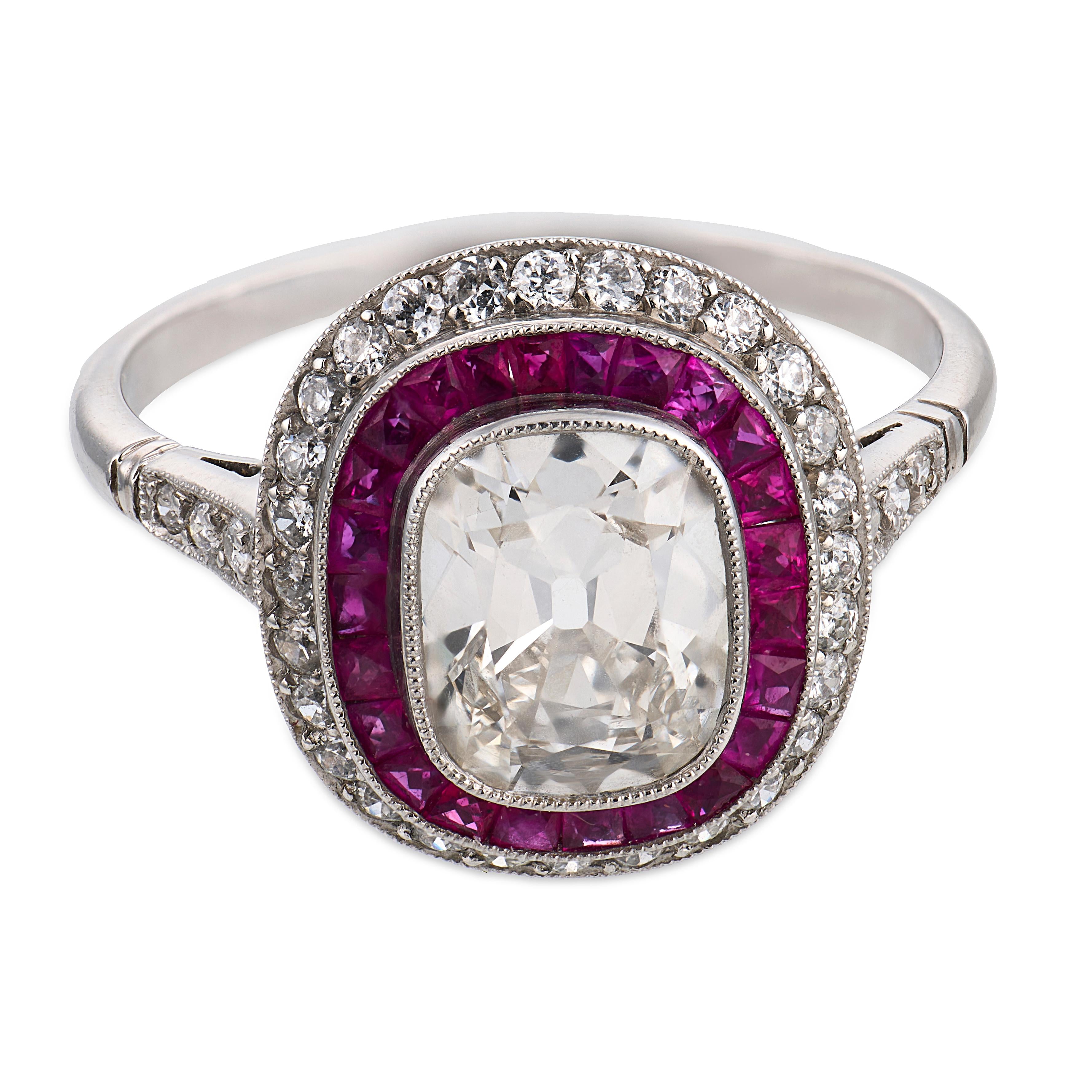 Art Deco style 1.24 carat diamond ruby platinum cluster engagement ring