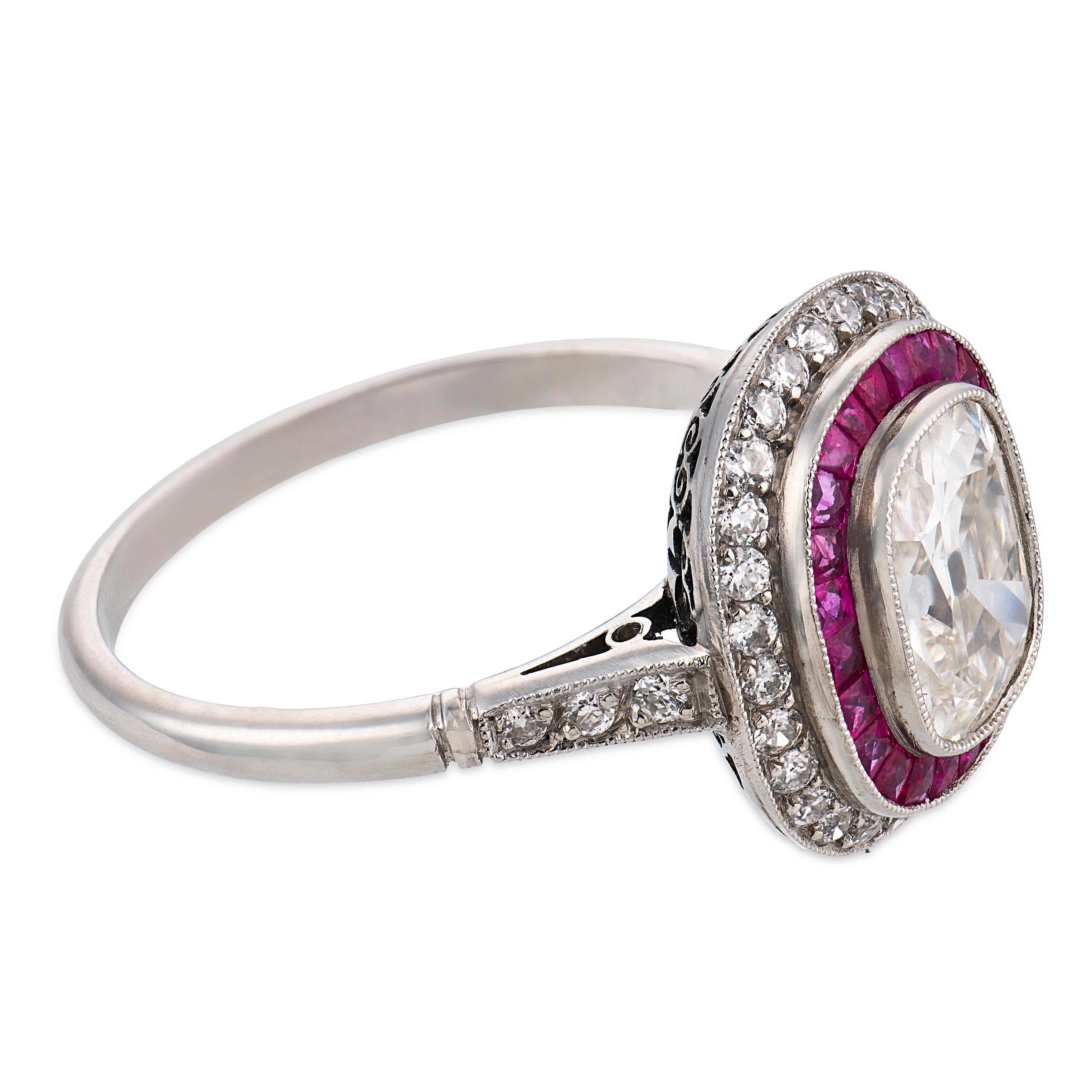 Art Deco style 1.24 carat diamond ruby platinum cluster engagement ring
