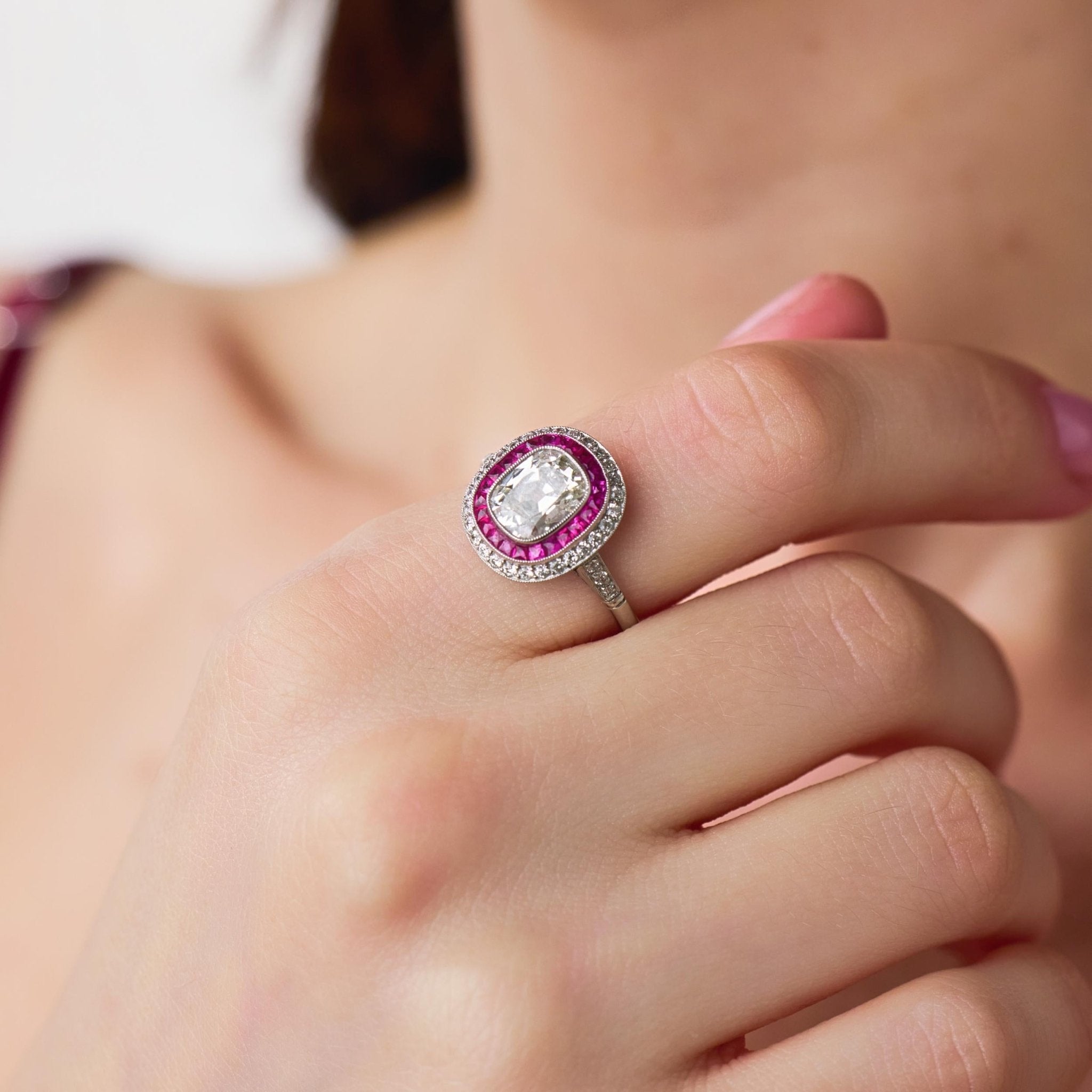 Art Deco style 1.24 carat diamond ruby platinum cluster engagement ring