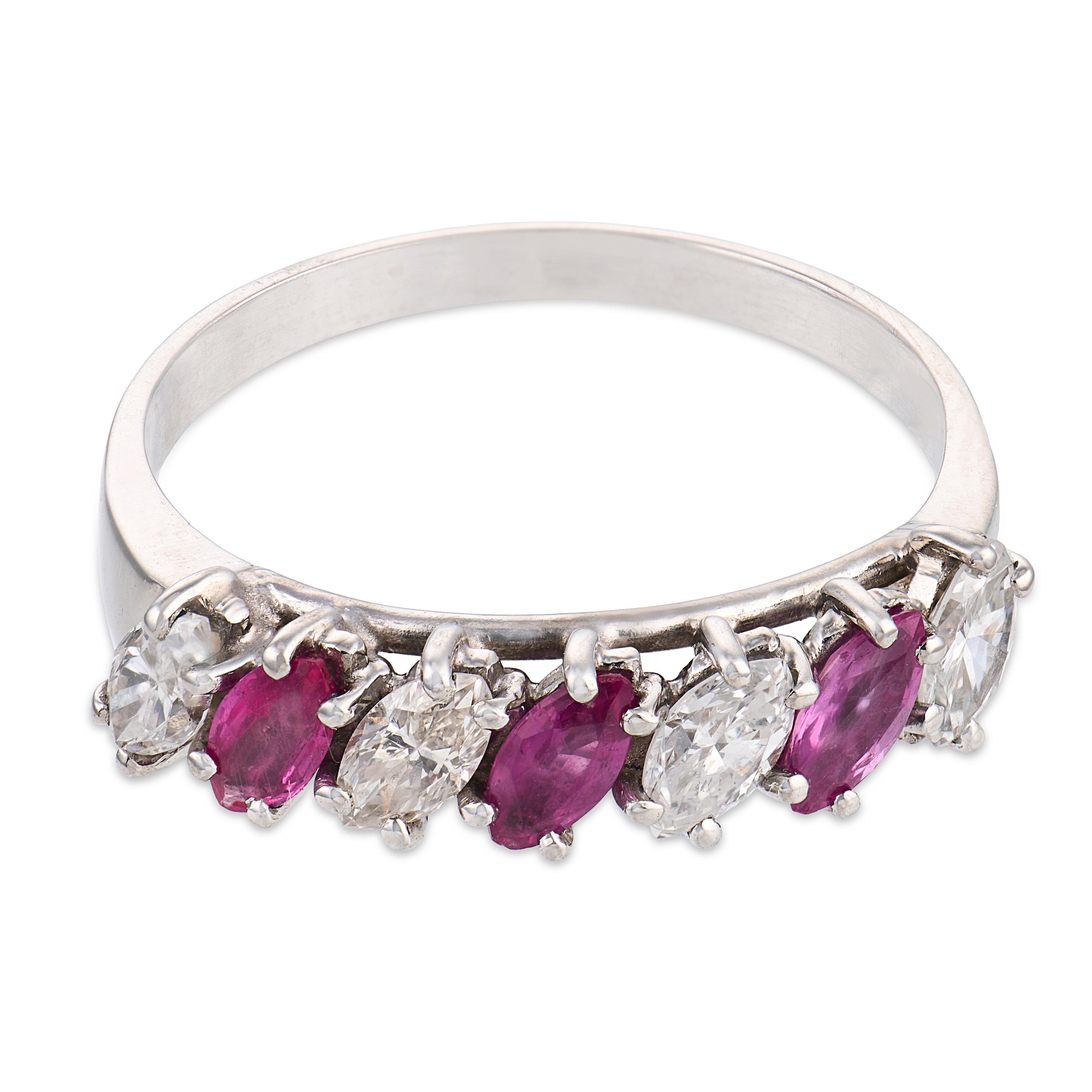 Mid Century marquise cut ruby diamond platinum band ring