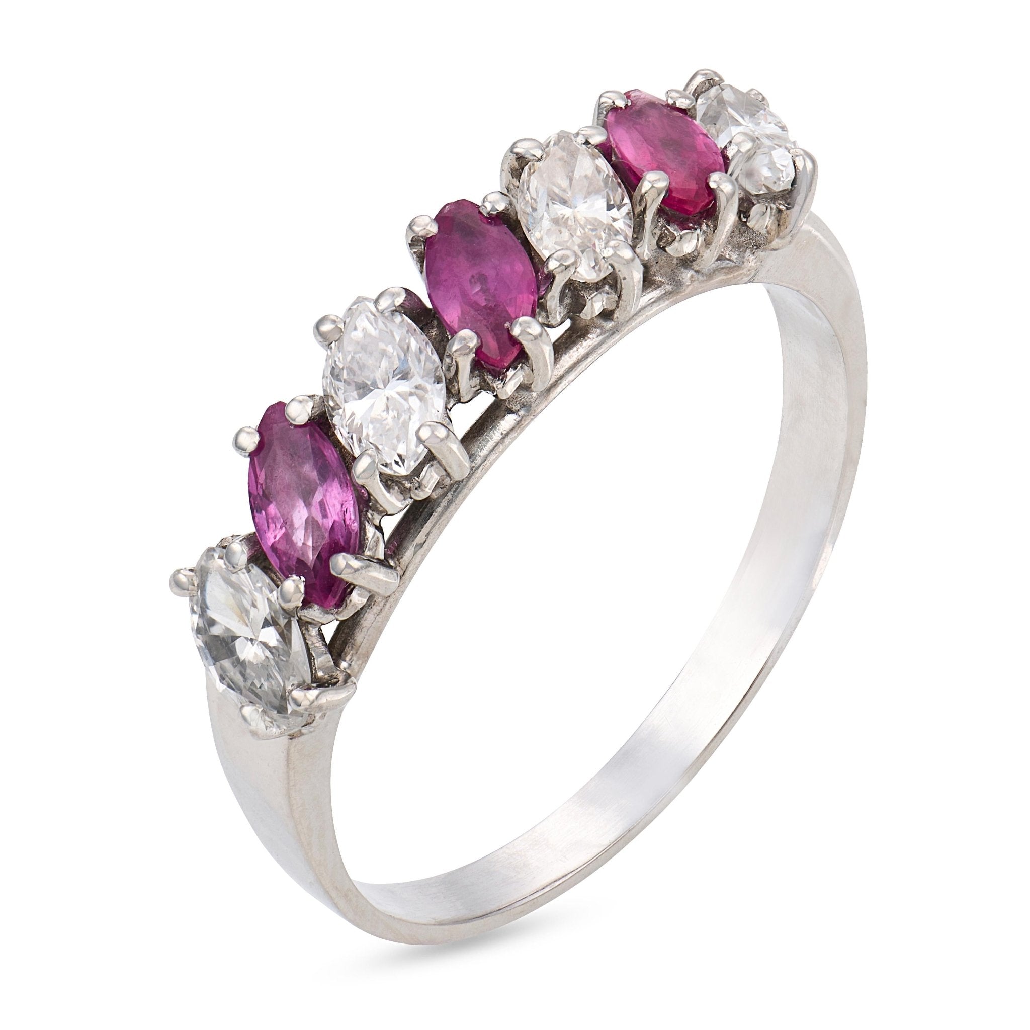 Mid Century marquise cut ruby diamond platinum band ring