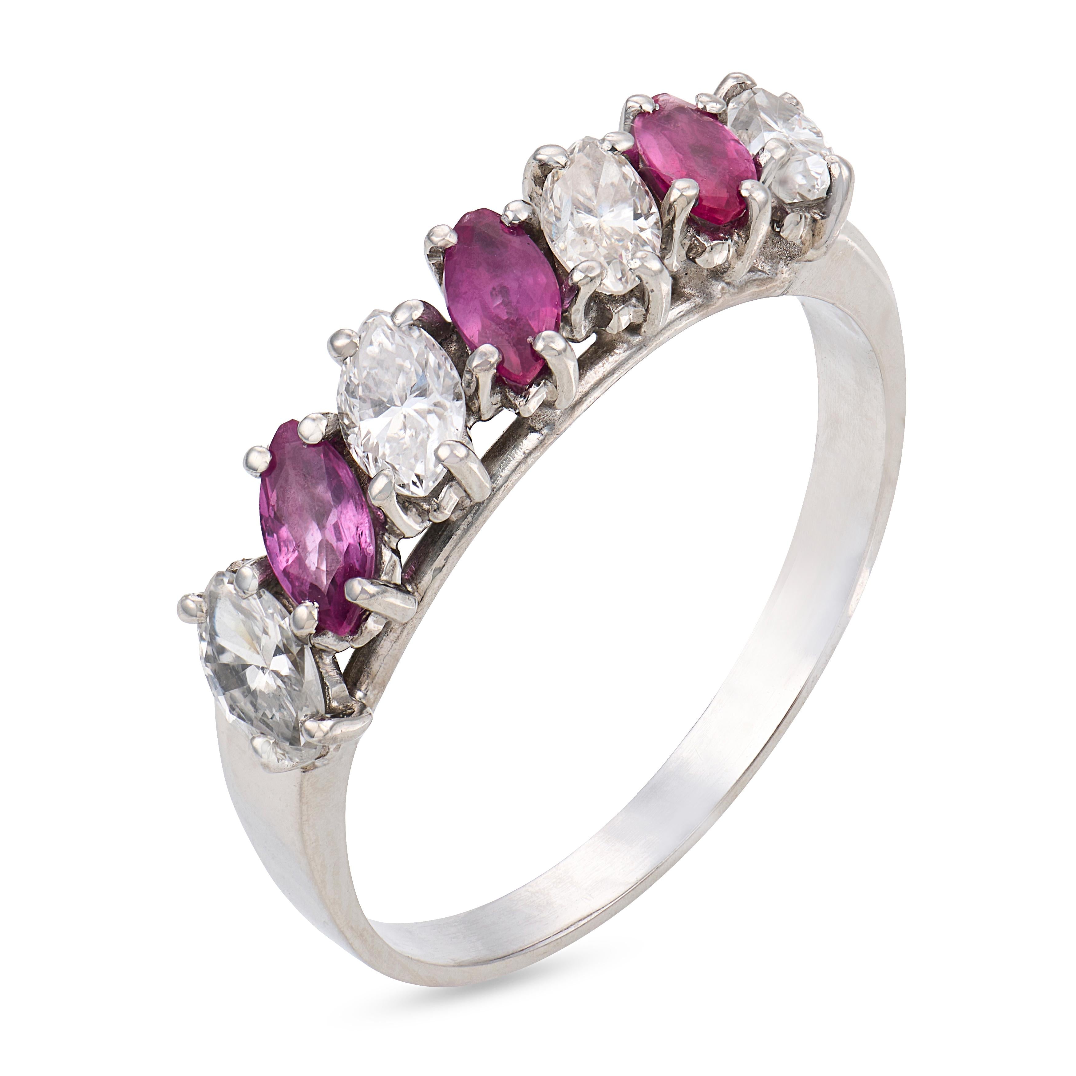 Mid Century marquise cut ruby diamond platinum band ring