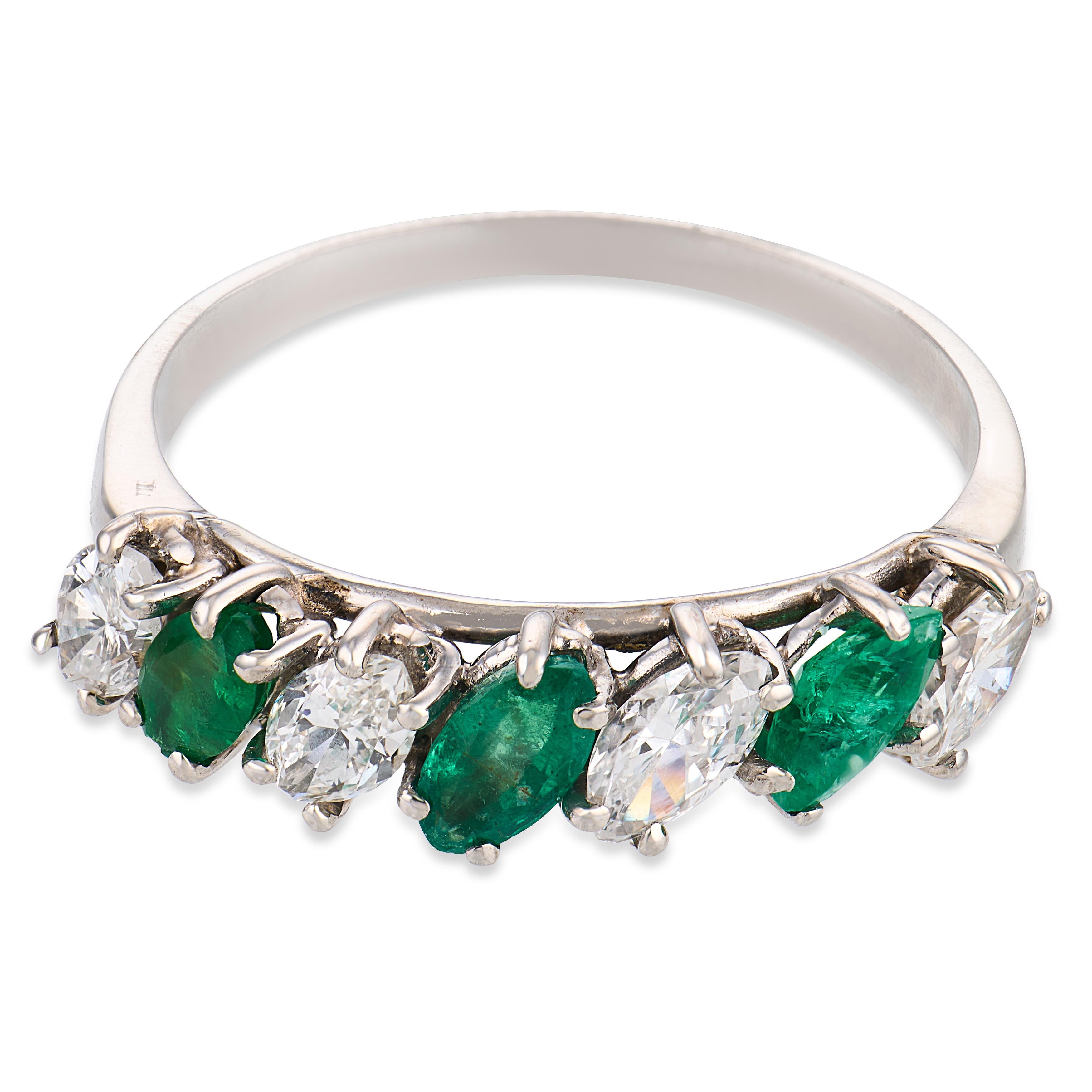 Mid Century 1.40 carat diamond emerald platinum band ring