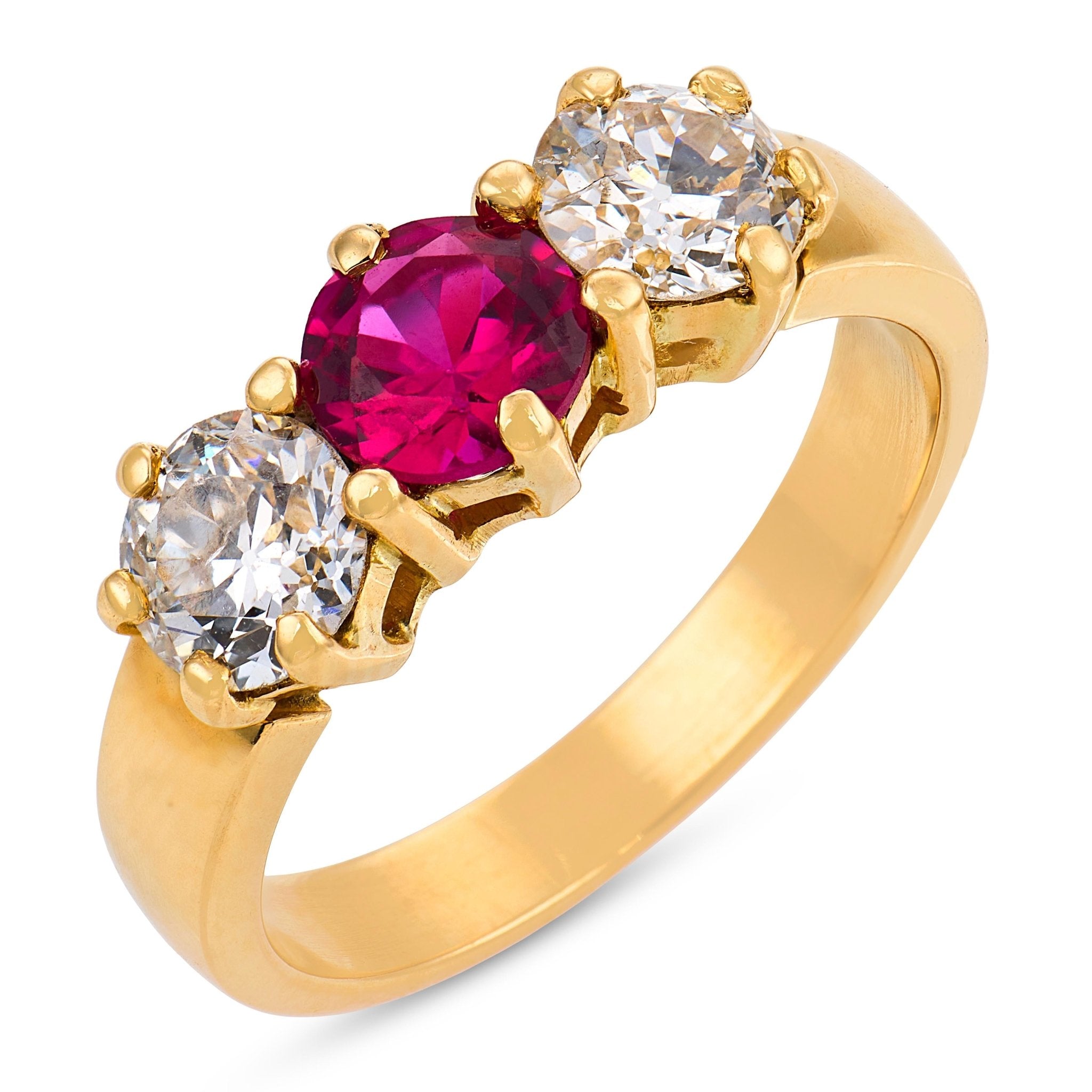 Mid Century synthetic ruby diamond 18k yellow gold three stone ring
