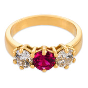 Mid Century synthetic ruby diamond 18k yellow gold three stone ring