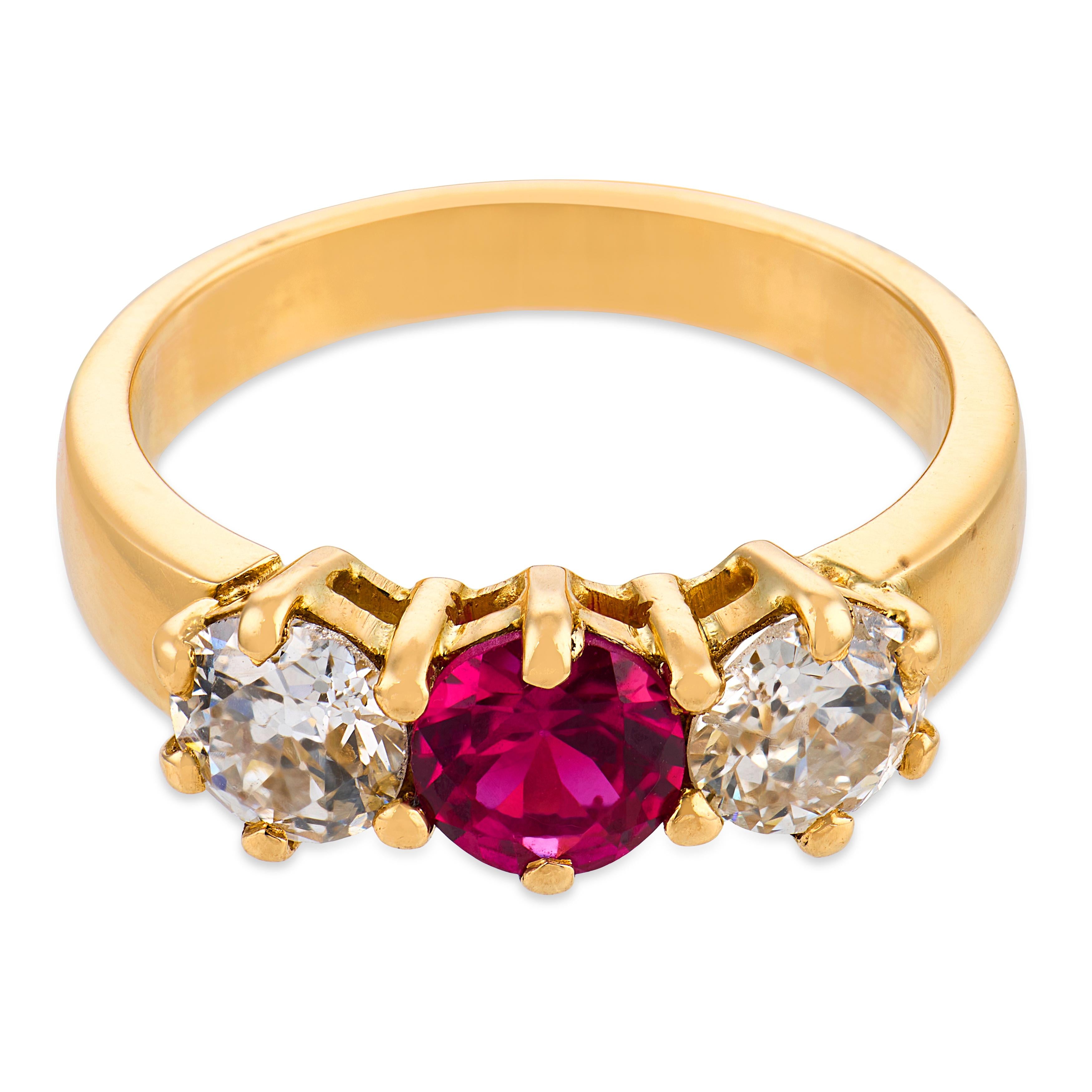 Mid Century synthetic ruby diamond 18k yellow gold three stone ring