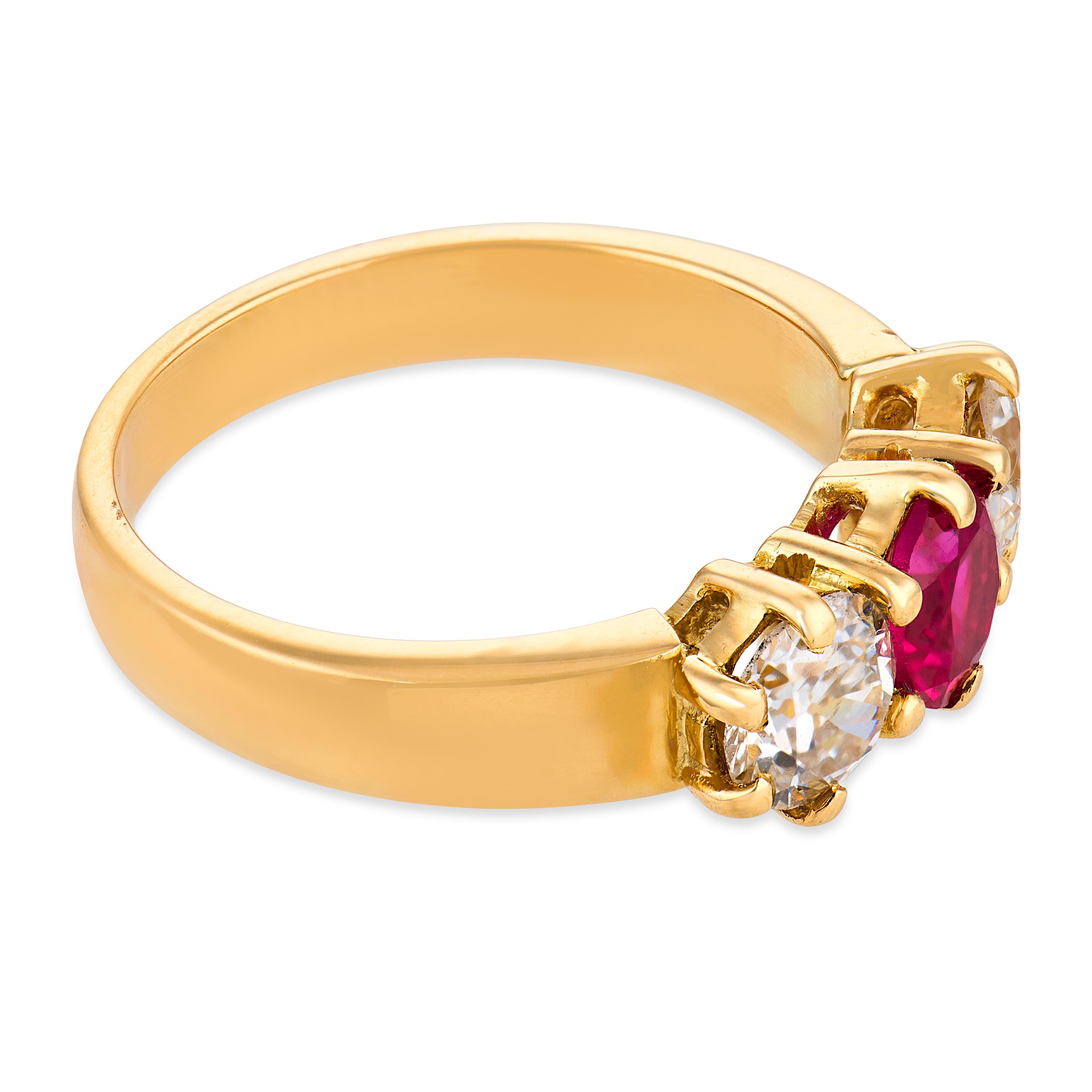 Mid Century synthetic ruby diamond 18k yellow gold three stone ring