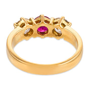 Mid Century synthetic ruby diamond 18k yellow gold three stone ring