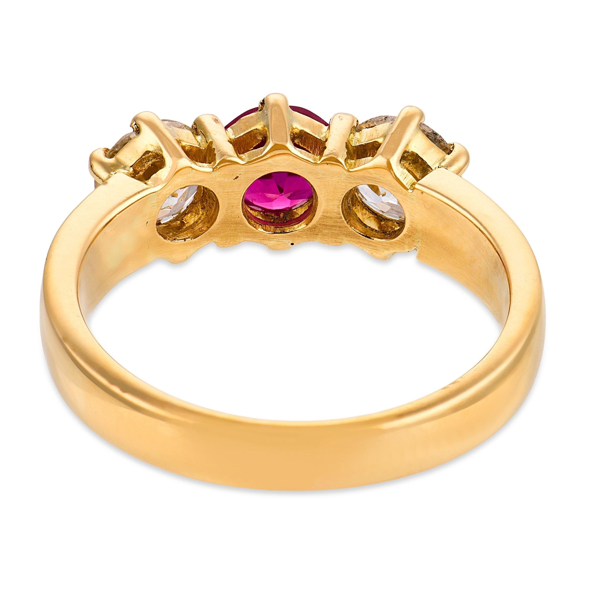 Mid Century synthetic ruby diamond 18k yellow gold three stone ring