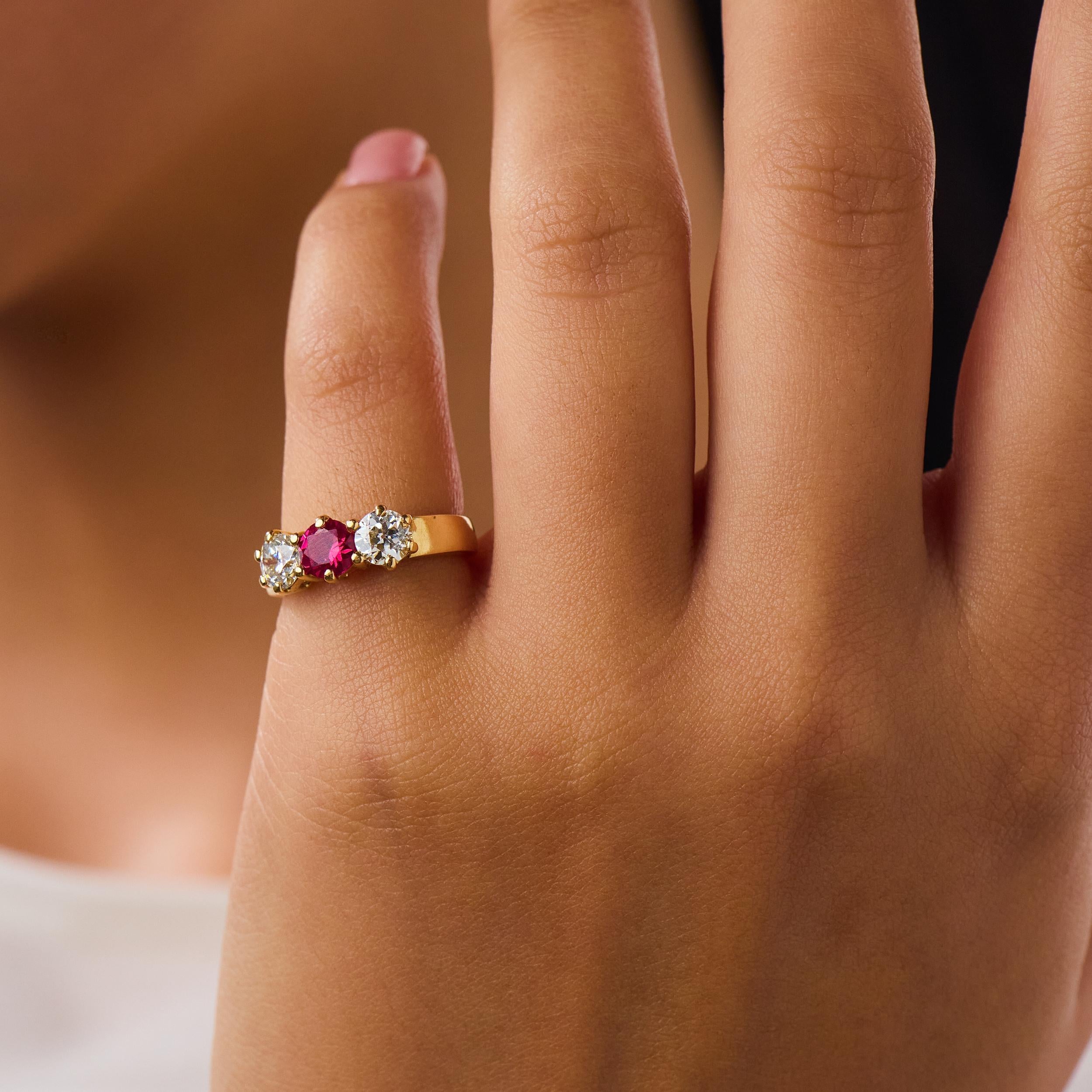 Mid Century synthetic ruby diamond 18k yellow gold three stone ring