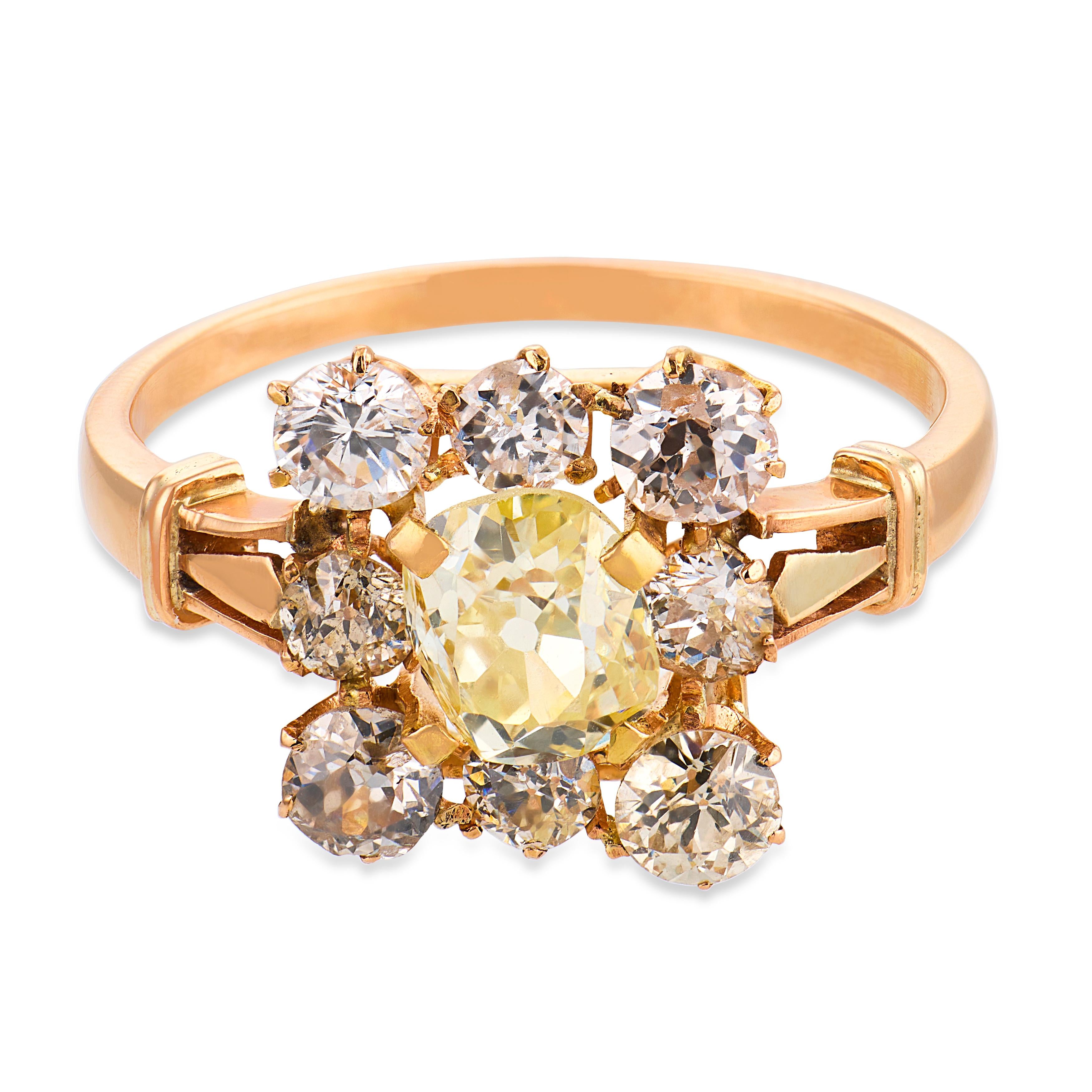Victorian 1.80 carat diamond 18k yellow gold cluster ring