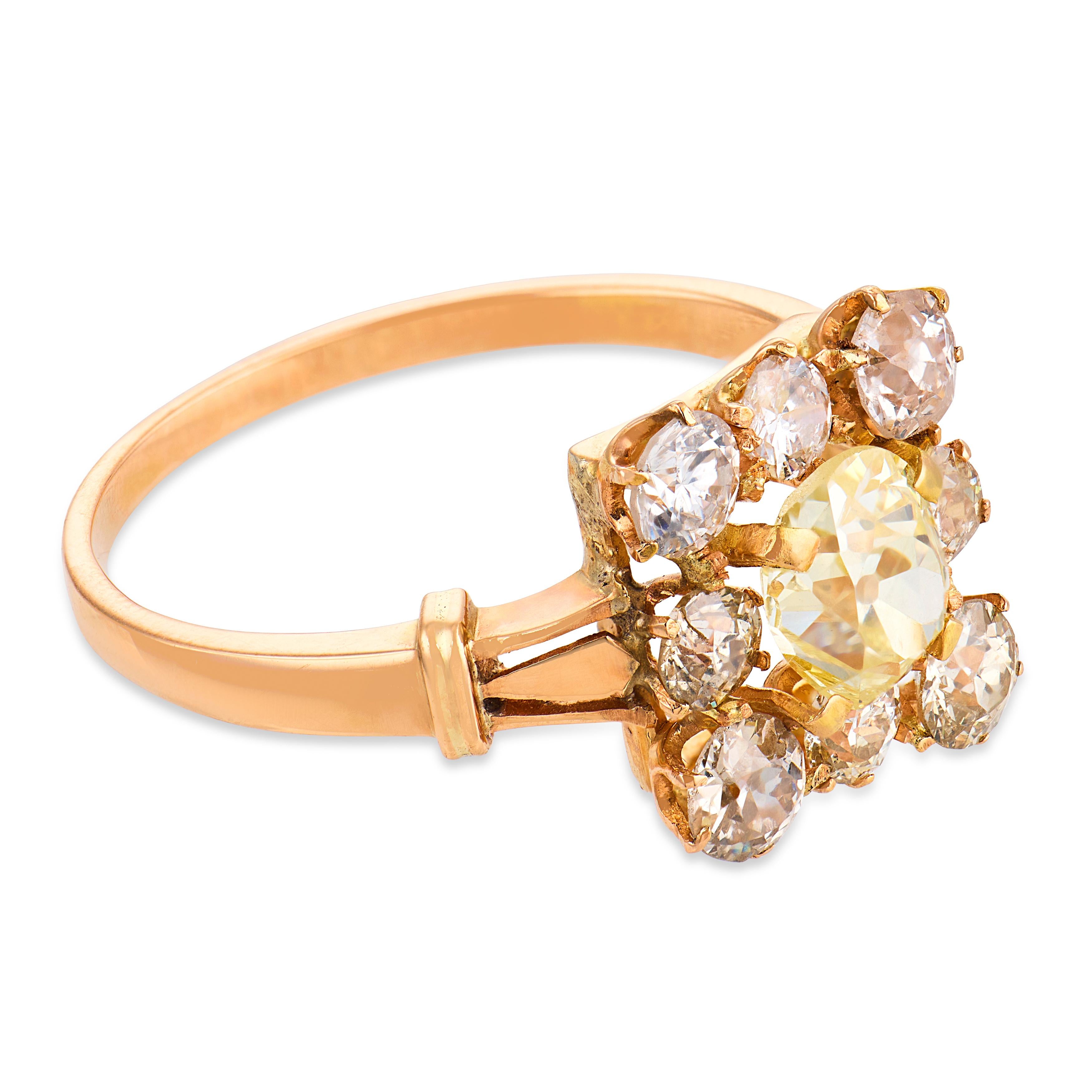 Victorian 1.80 carat diamond 18k yellow gold cluster ring