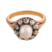 Victorian pearl diamond 18k yellow gold and silver cluster ring