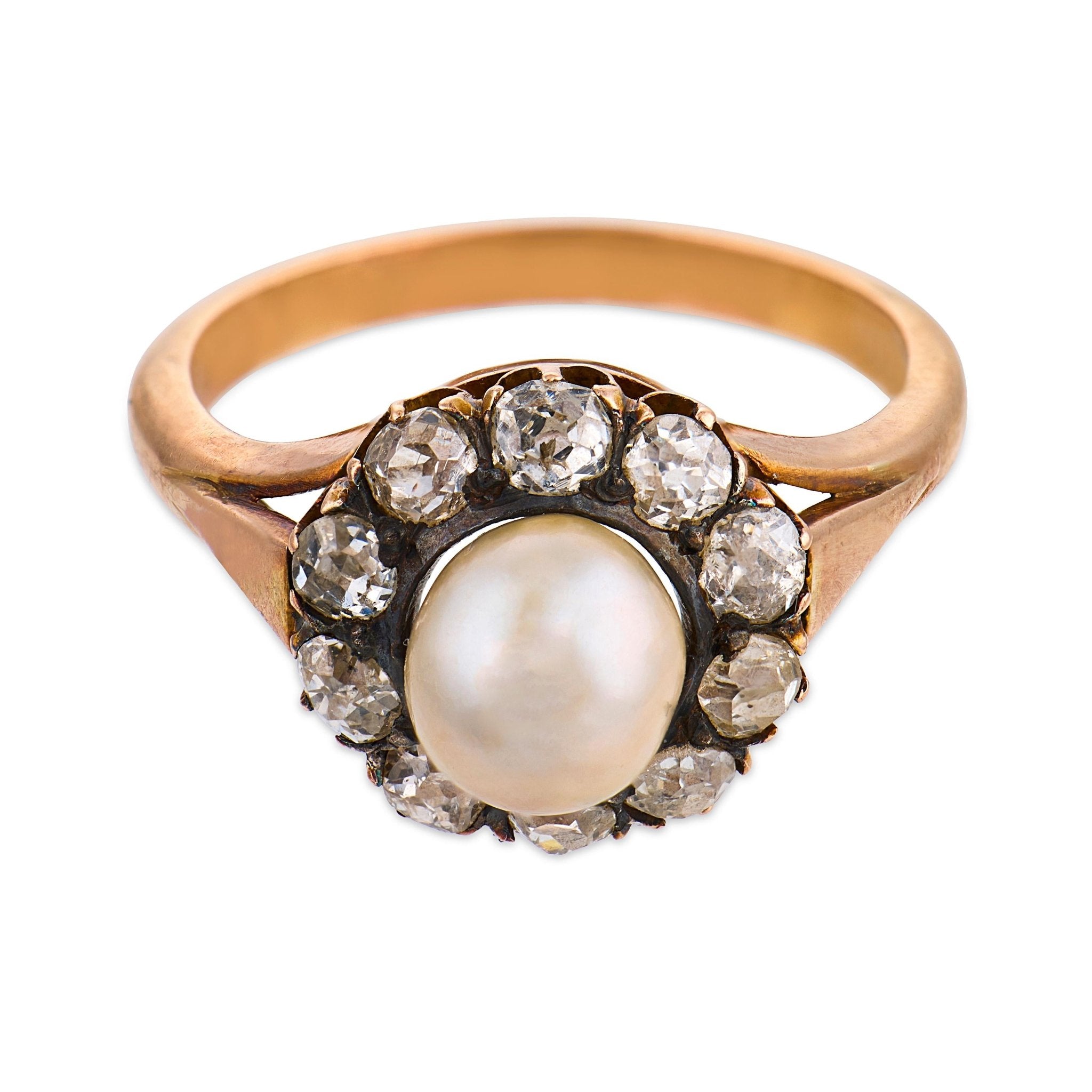 Victorian pearl diamond 18k yellow gold and silver cluster ring