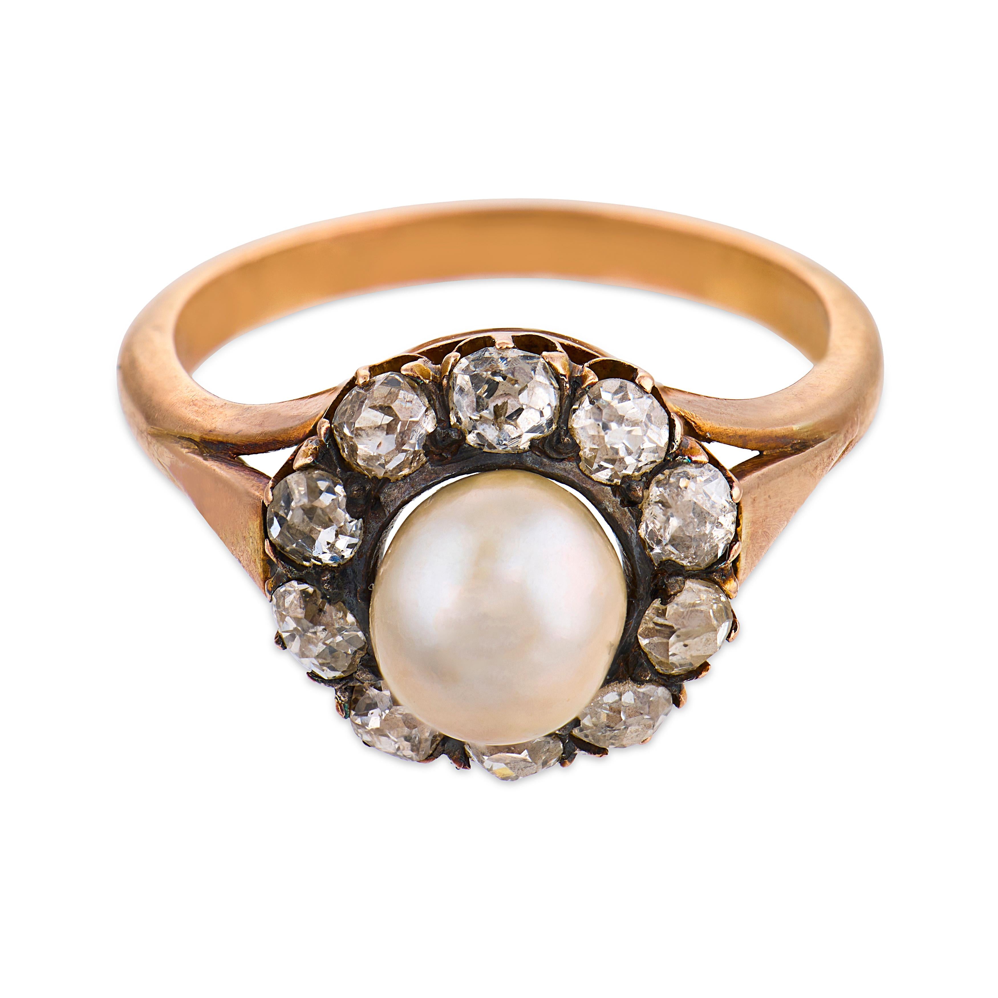 Victorian pearl diamond 18k yellow gold and silver cluster ring
