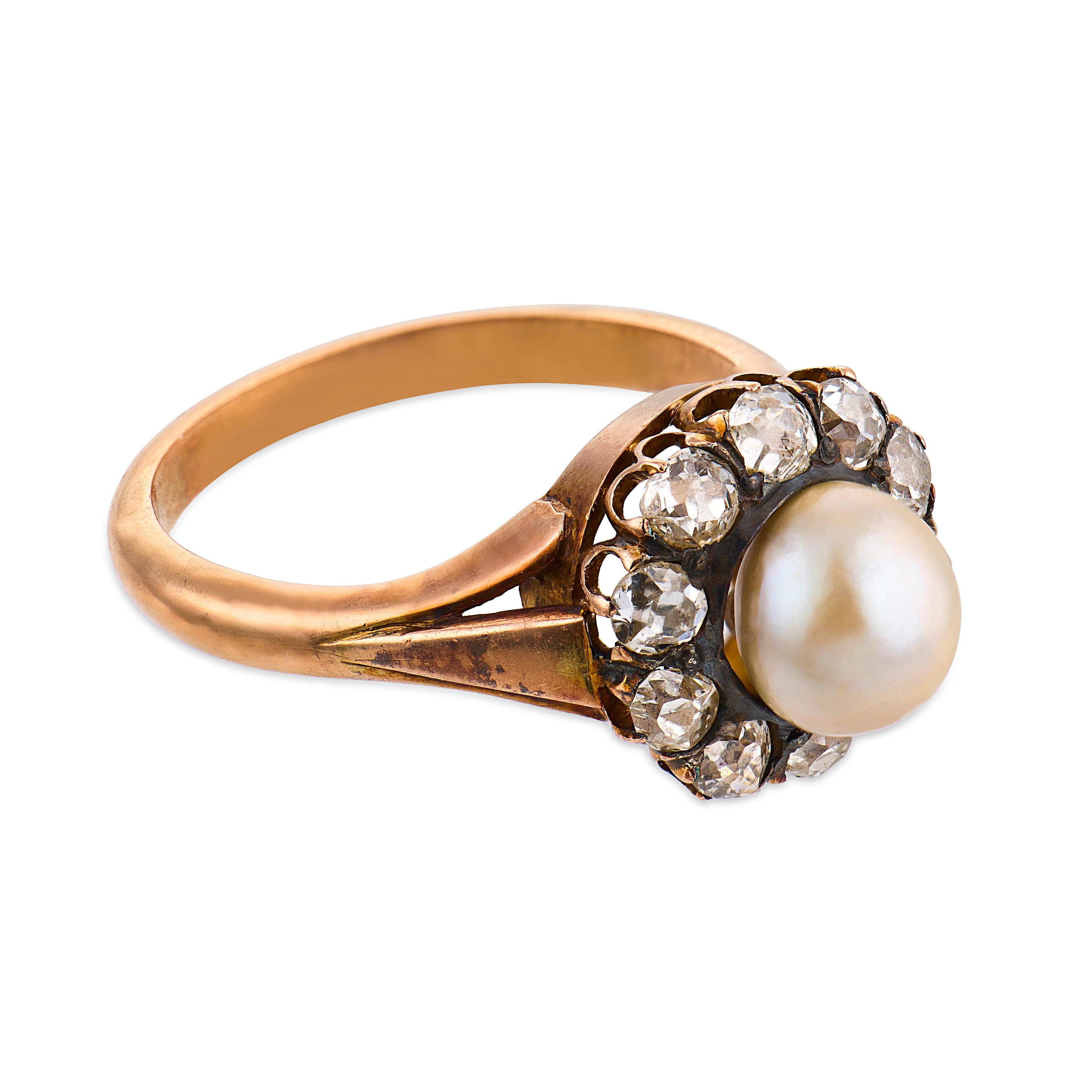 Victorian pearl diamond 18k yellow gold and silver cluster ring