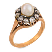 Victorian pearl diamond 18k yellow gold and silver cluster ring