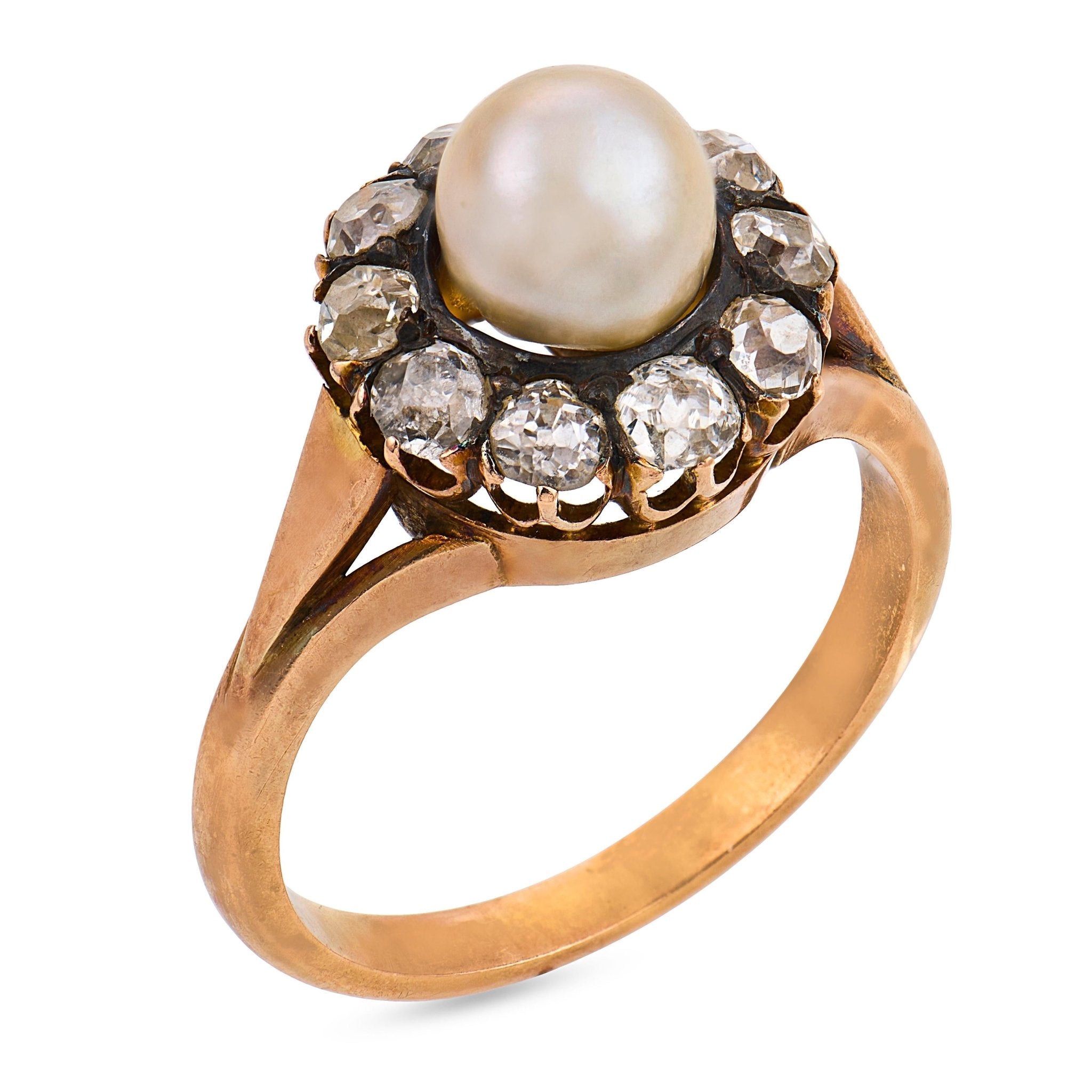 Victorian pearl diamond 18k yellow gold and silver cluster ring