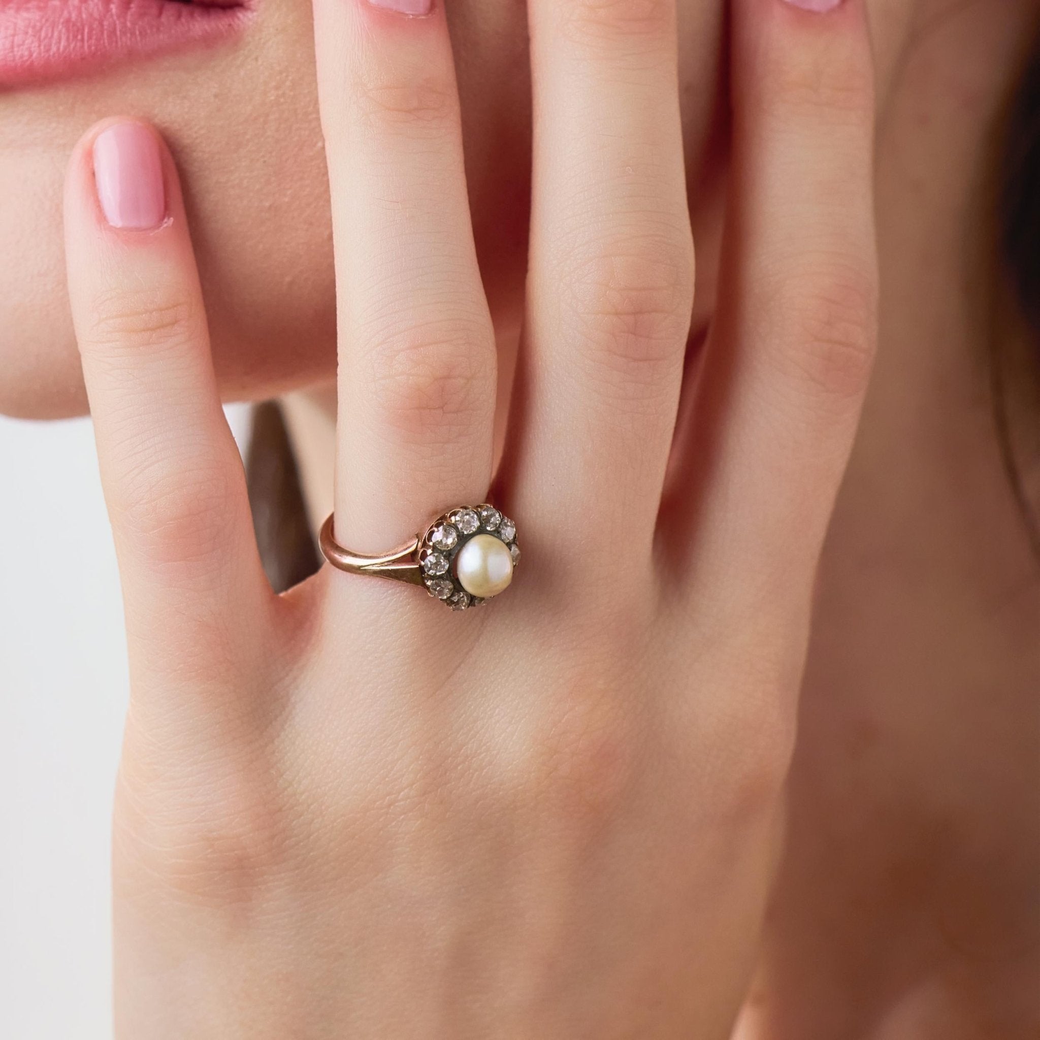 Victorian pearl diamond 18k yellow gold and silver cluster ring
