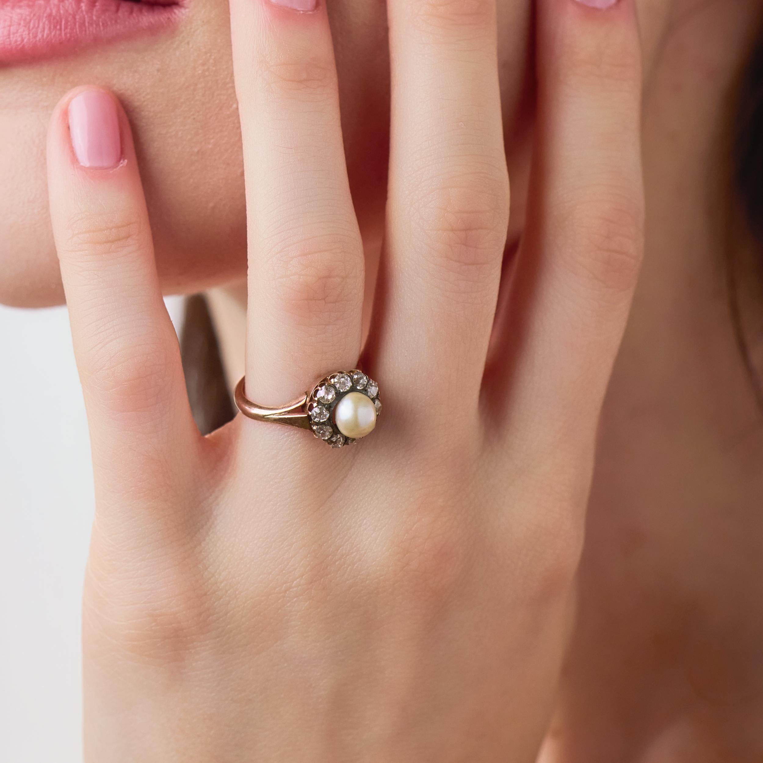 Victorian pearl diamond 18k yellow gold and silver cluster ring