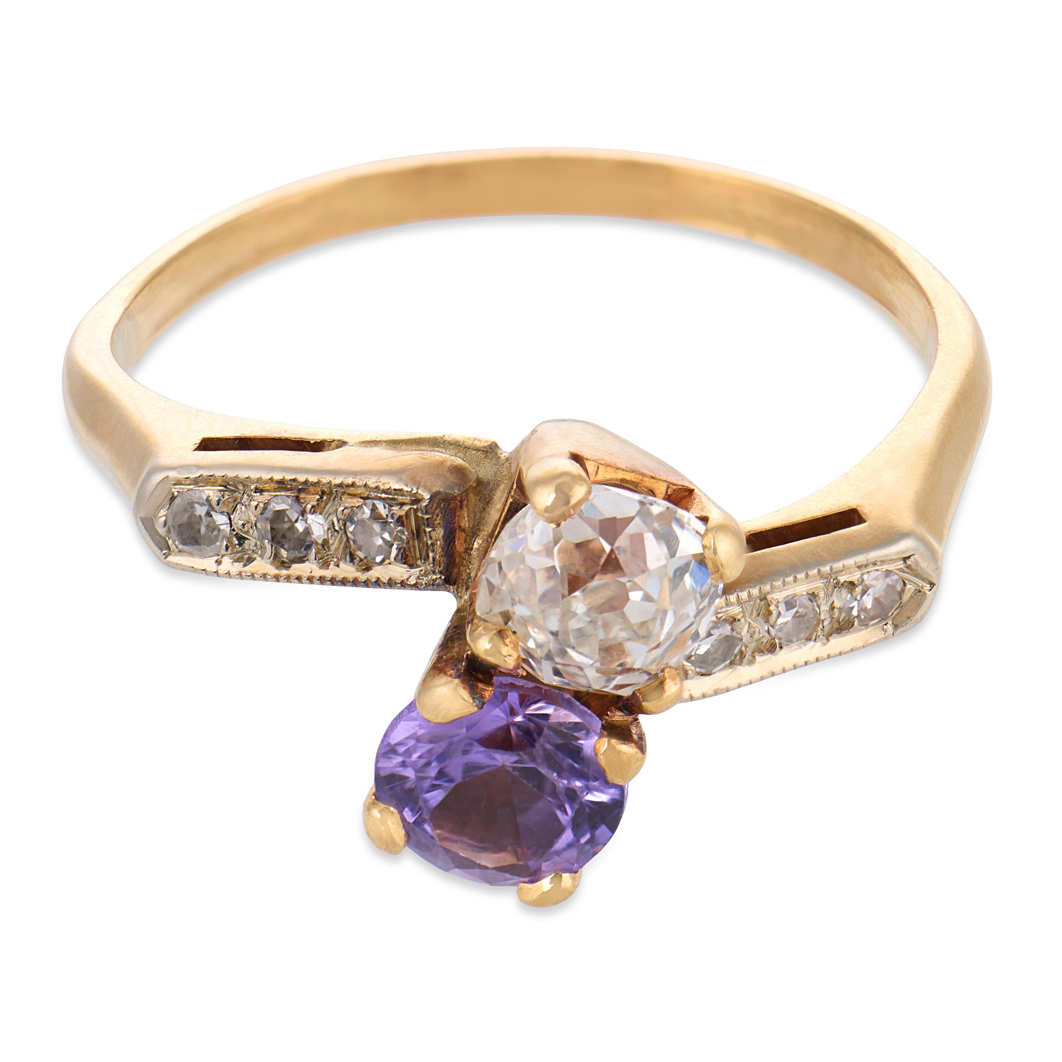 Retro amethyst diamond 14k yellow gold Toi Et Moi ring