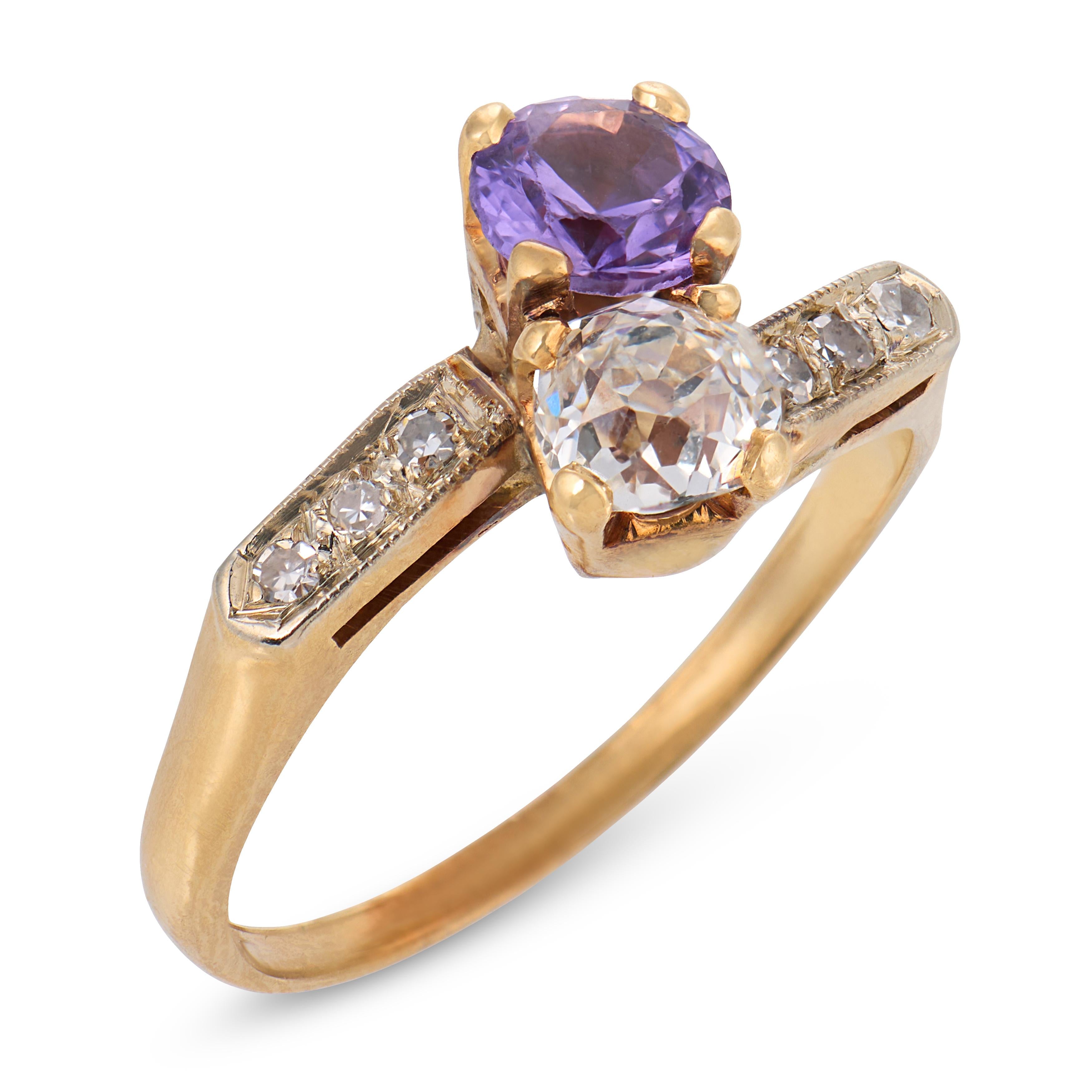 Retro amethyst diamond 14k yellow gold Toi Et Moi ring