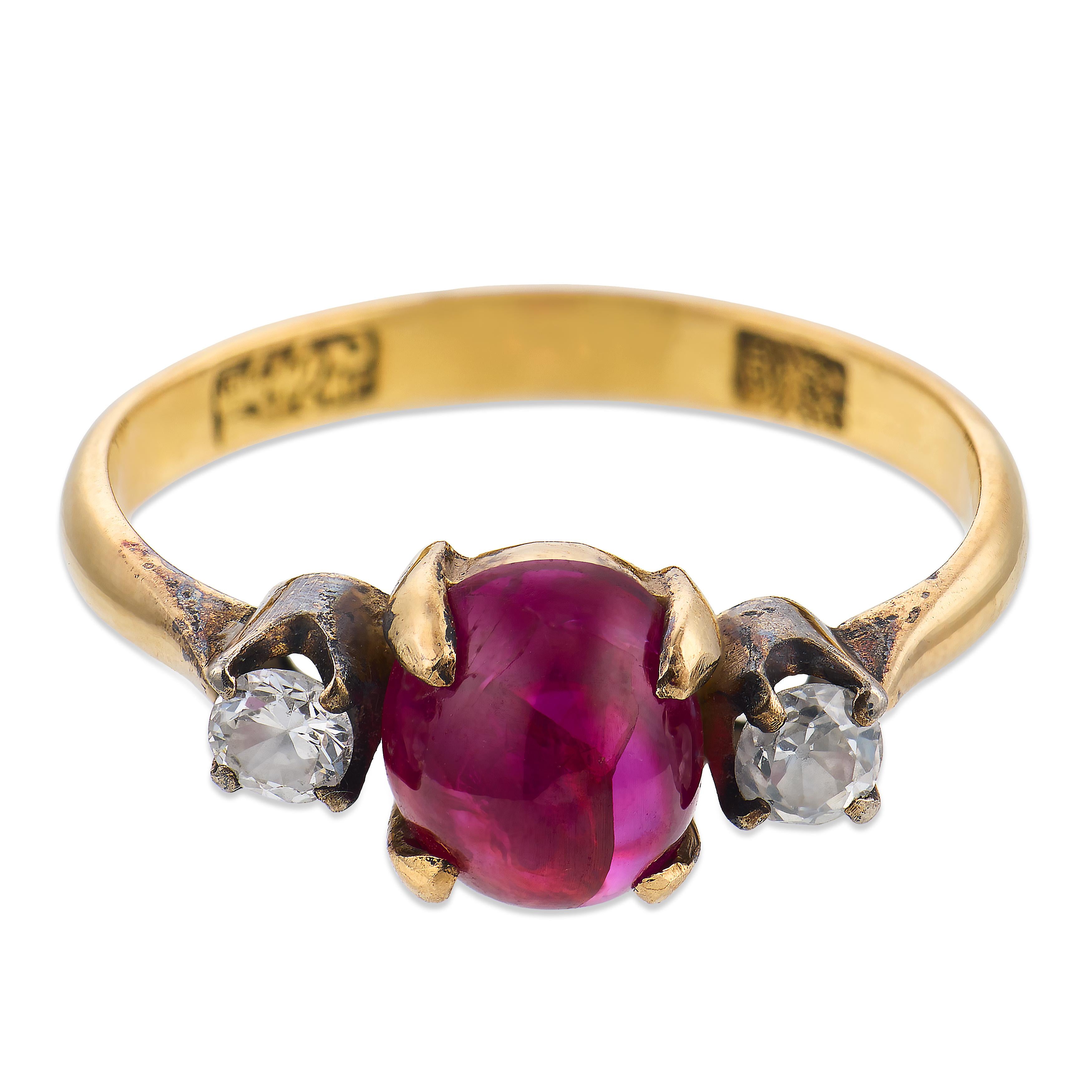 Victorian GIA 2.50 carat Burma no heat ruby diamond 18k yellow gold ring