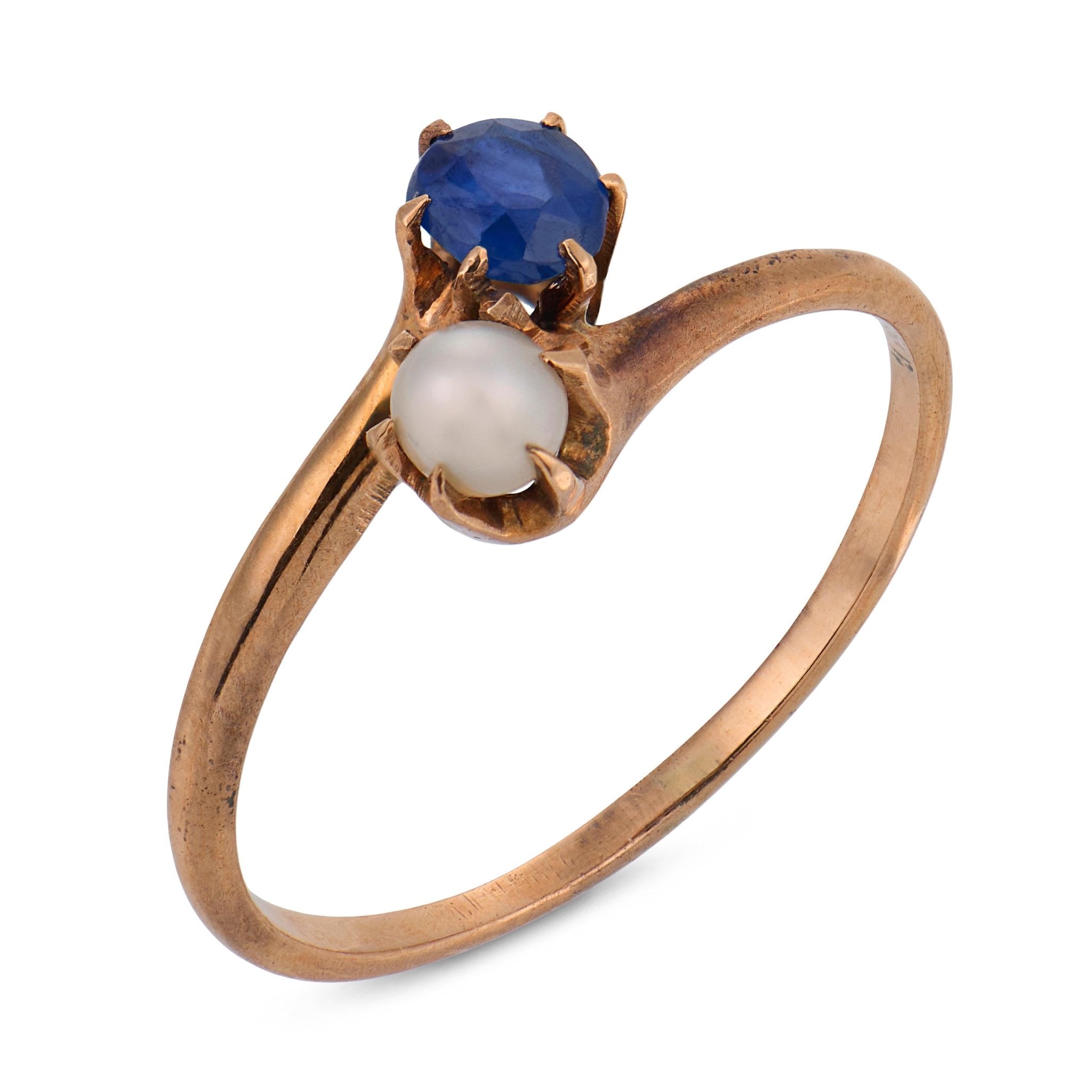 Victorian sapphire pearl low karat gold toi et moi ring